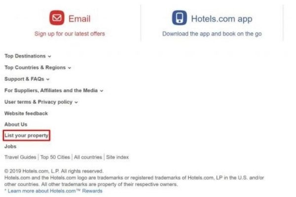 CLICK VÀO LIST YOUR PROPERTY - MỞ TẠO TÀI KHOẢN BÁN PHÒNG HOTELS