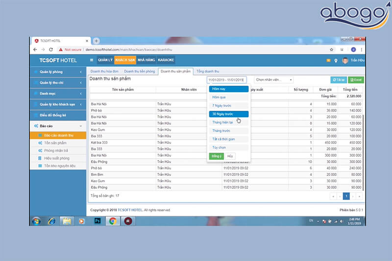 Giao diện phần mềm TCSOFT HOTEL