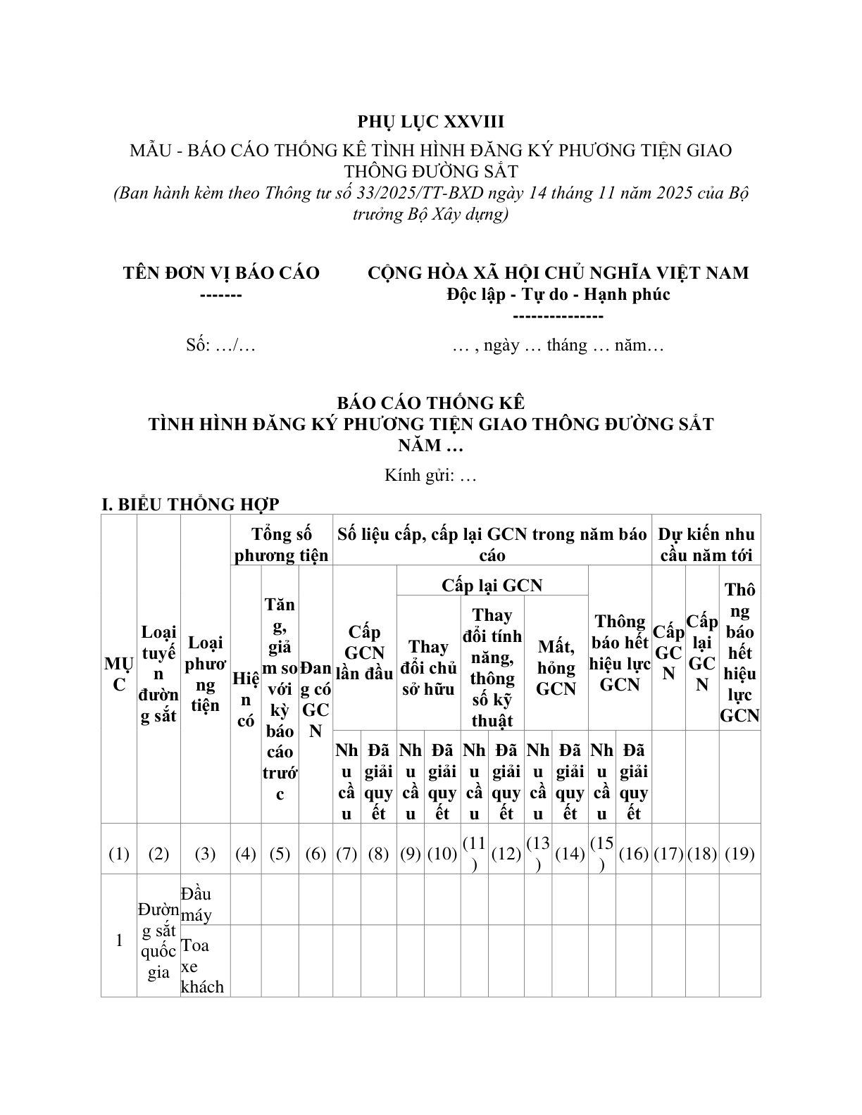 MẪU BÁO CÁO THỐNG KÊ TÌNH HÌNH ĐĂNG KÝ PHƯƠNG TIỆN GIAO THÔNG ĐƯỜNG SẮT