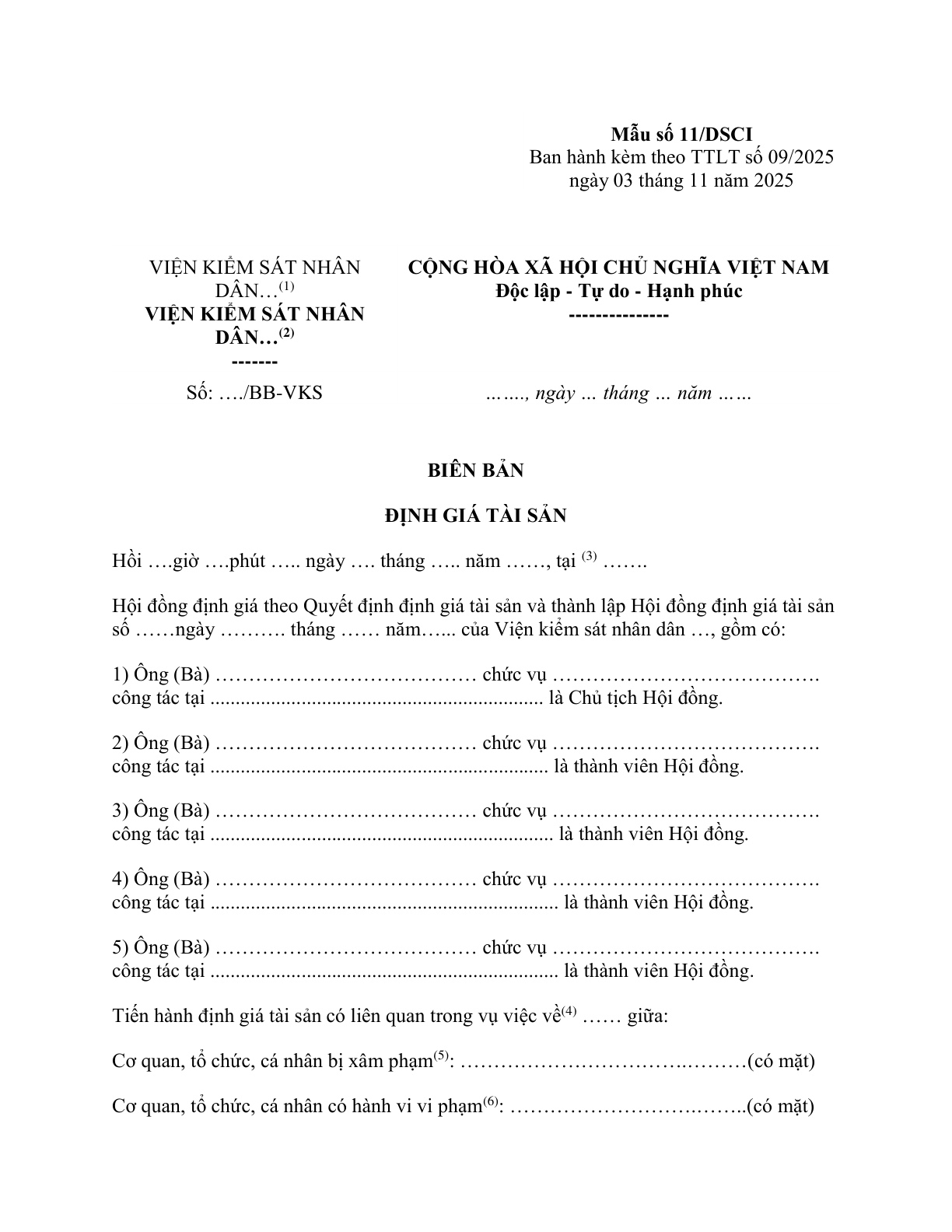 MẪU BIÊN BẢN ĐỊNH GIÁ TÀI SẢN (ĐỐI VỚI VỤ ÁN DÂN SỰ CÔNG ÍCH)