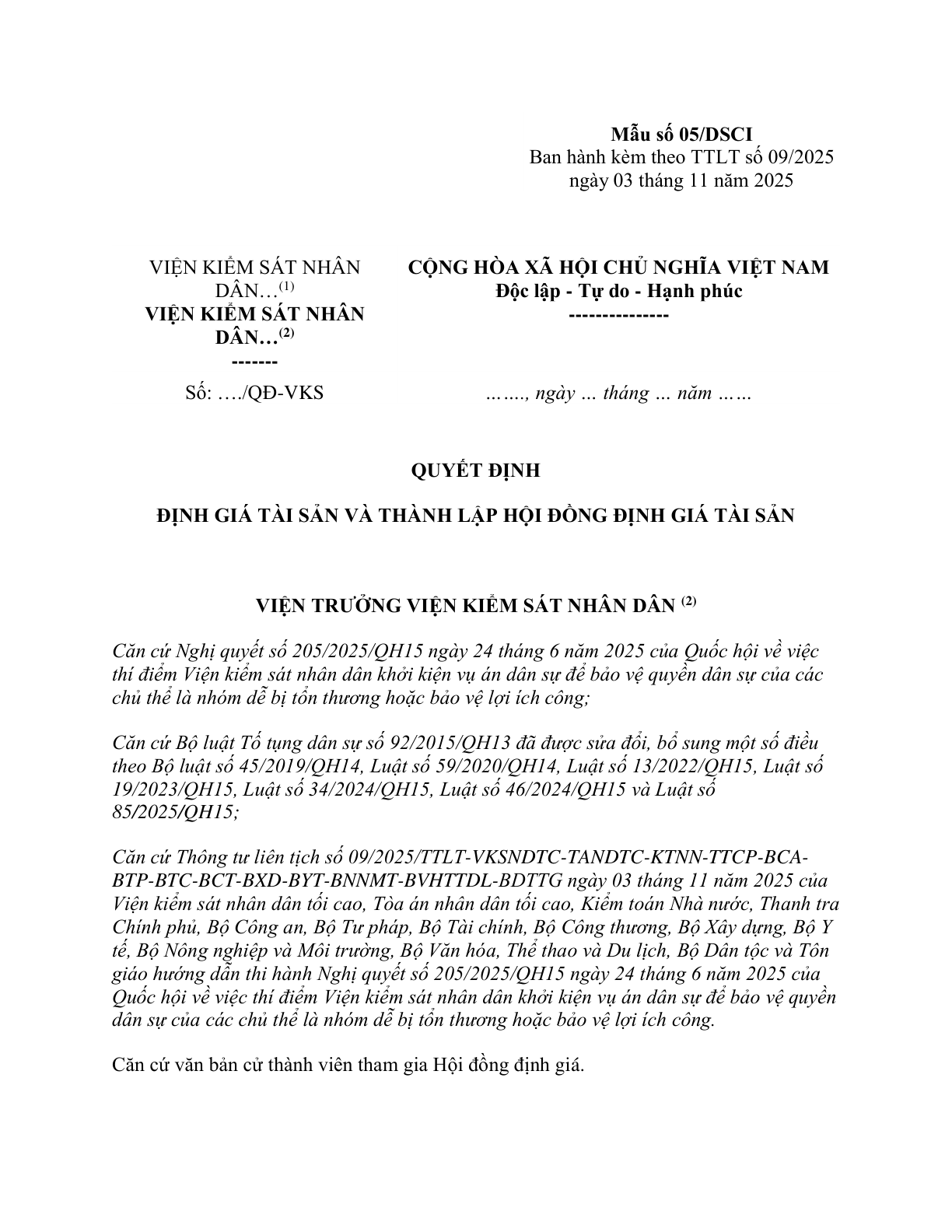 MẪU QUYẾT ĐỊNH ĐỊNH GIÁ TÀI SẢN VÀ THÀNH LẬP HỘI ĐỒNG ĐỊNH GIÁ TÀI SẢN (ĐỐI VỚI VỤ ÁN DÂN SỰ CÔNG ÍCH)