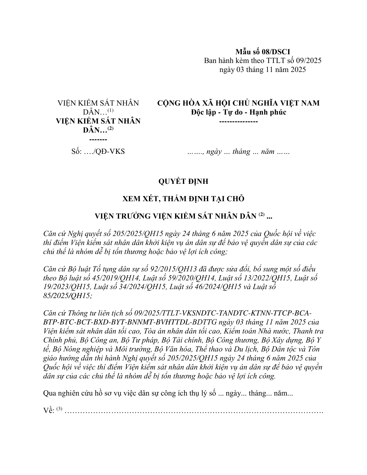 MẪU QUYẾT ĐỊNH XEM XÉT, THẨM ĐỊNH TẠI CHỖ (ĐỐI VỚI VỤ ÁN DÂN SỰ CÔNG ÍCH)