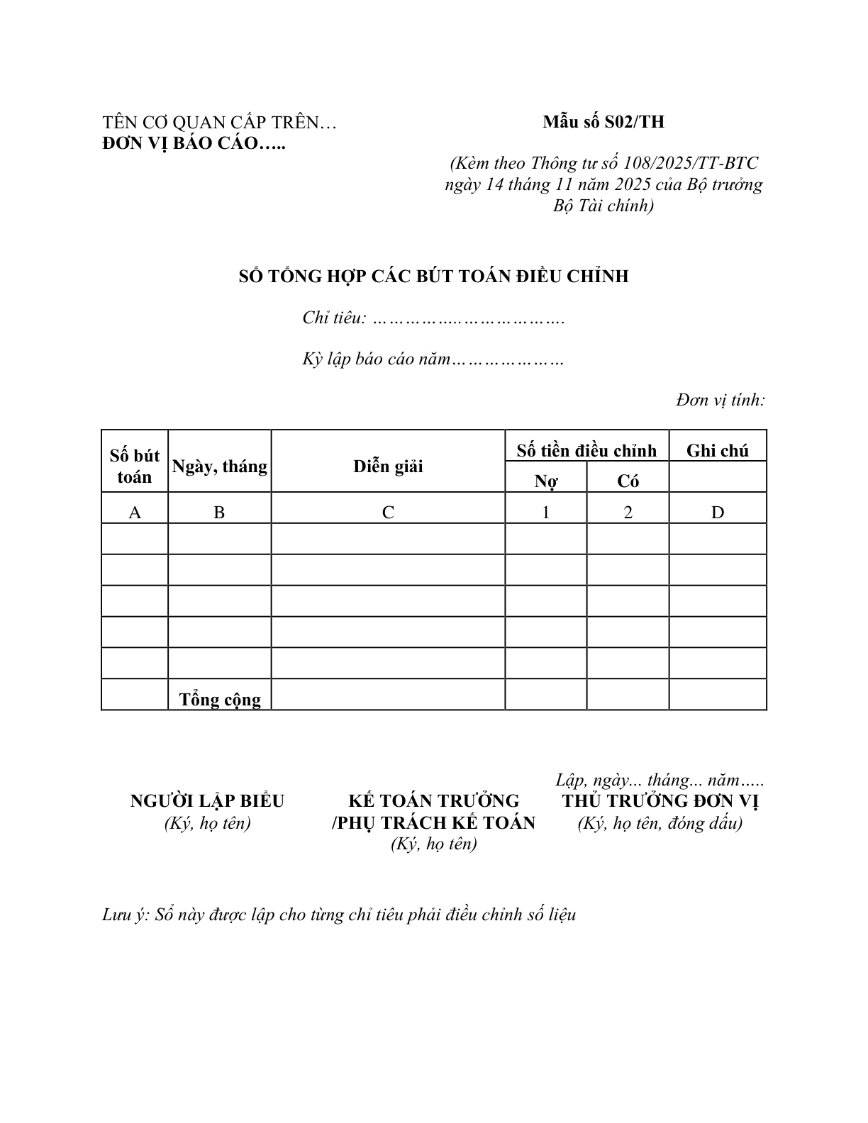 MẪU SỔ TỔNG HỢP CÁC BÚT TOÁN ĐIỀU CHỈNH CỦA ĐƠN VỊ KẾ TOÁN HÀNH CHÍNH, SỰ NGHIỆP