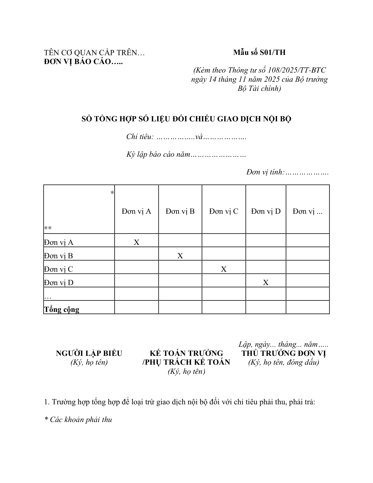 MẪU SỔ TỔNG HỢP SỐ LIỆU ĐỐI CHIẾU GIAO DỊCH NỘI BỘ CỦA ĐƠN VỊ KẾ TOÁN HÀNH CHÍNH, SỰ NGHIỆP