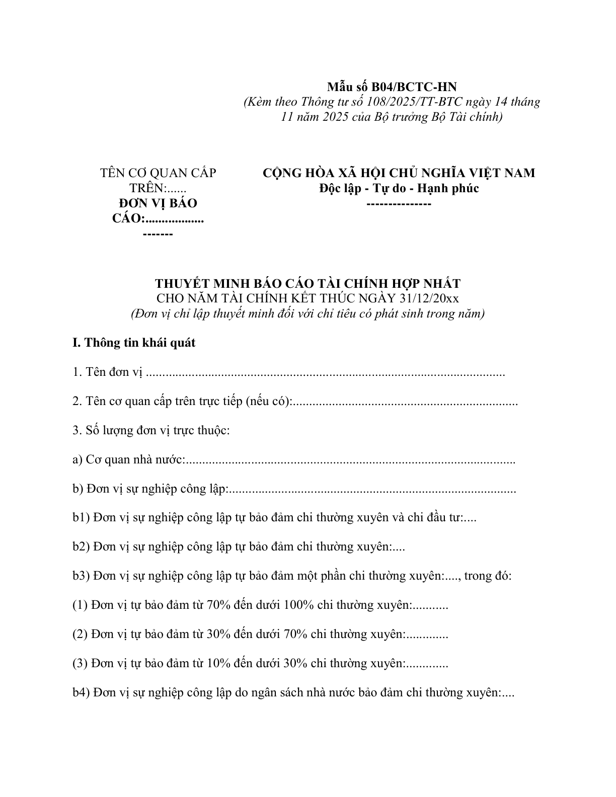 MẪU THUYẾT MINH BÁO CÁO TÀI CHÍNH HỢP NHẤT CỦA ĐƠN VỊ KẾ TOÁN HÀNH CHÍNH, SỰ NGHIỆP