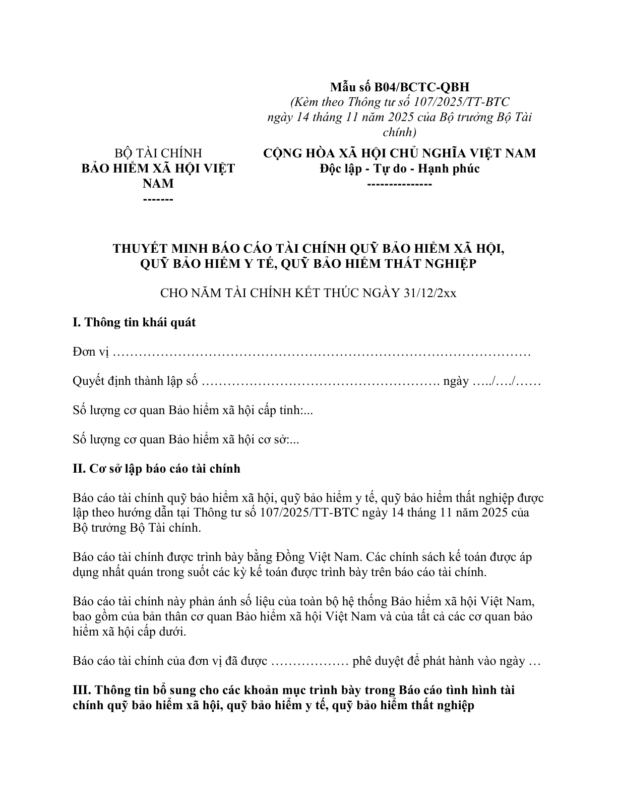 MẪU THUYẾT MINH BÁO CÁO TÀI CHÍNH QUỸ BẢO HIỂM XÃ HỘI, QUỸ BẢO HIỂM Y TẾ, QUỸ BẢO HIỂM THẤT NGHIỆP