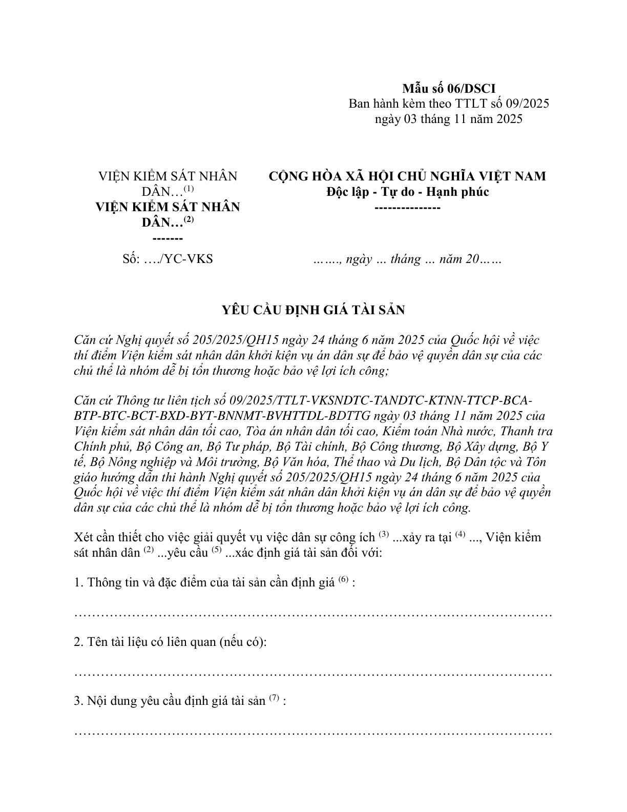 MẪU YÊU CẦU ĐỊNH GIÁ TÀI SẢN (ĐỐI VỚI VỤ ÁN DÂN SỰ CÔNG ÍCH)