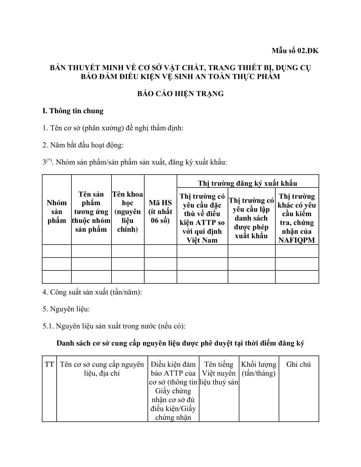 MẪU BẢN THUYẾT MINH VỀ CƠ SỞ VẬT CHẤT, TRANG THIẾT BỊ, DỤNG CỤ BẢO ĐẢM ĐIỀU KIỆN VỆ SINH AN TOÀN THỰC PHẨM THỦY SẢN XUẤT KHẨU