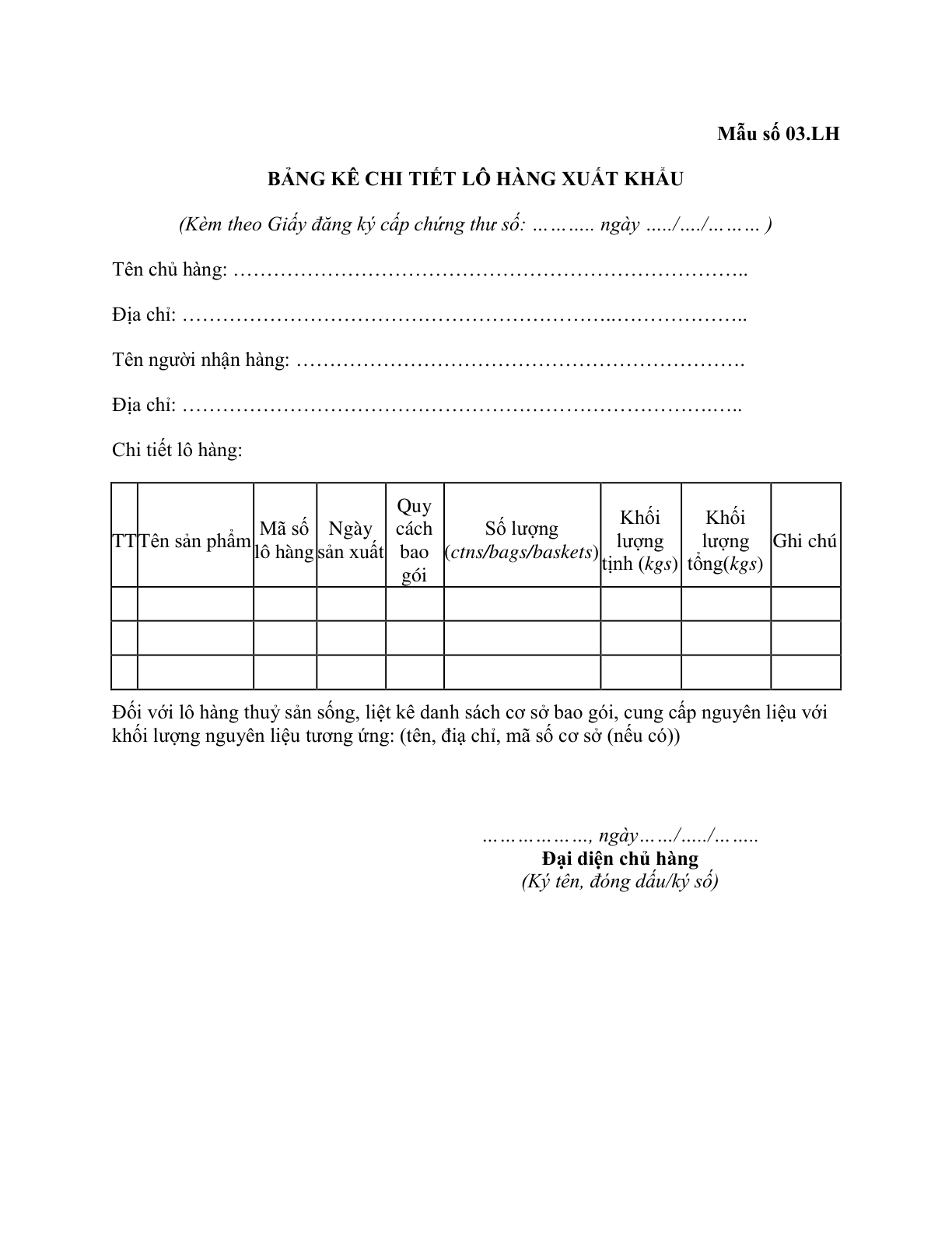 MẪU BẢNG KÊ CHI TIẾT LÔ HÀNG THỦY SẢN XUẤT KHẨU