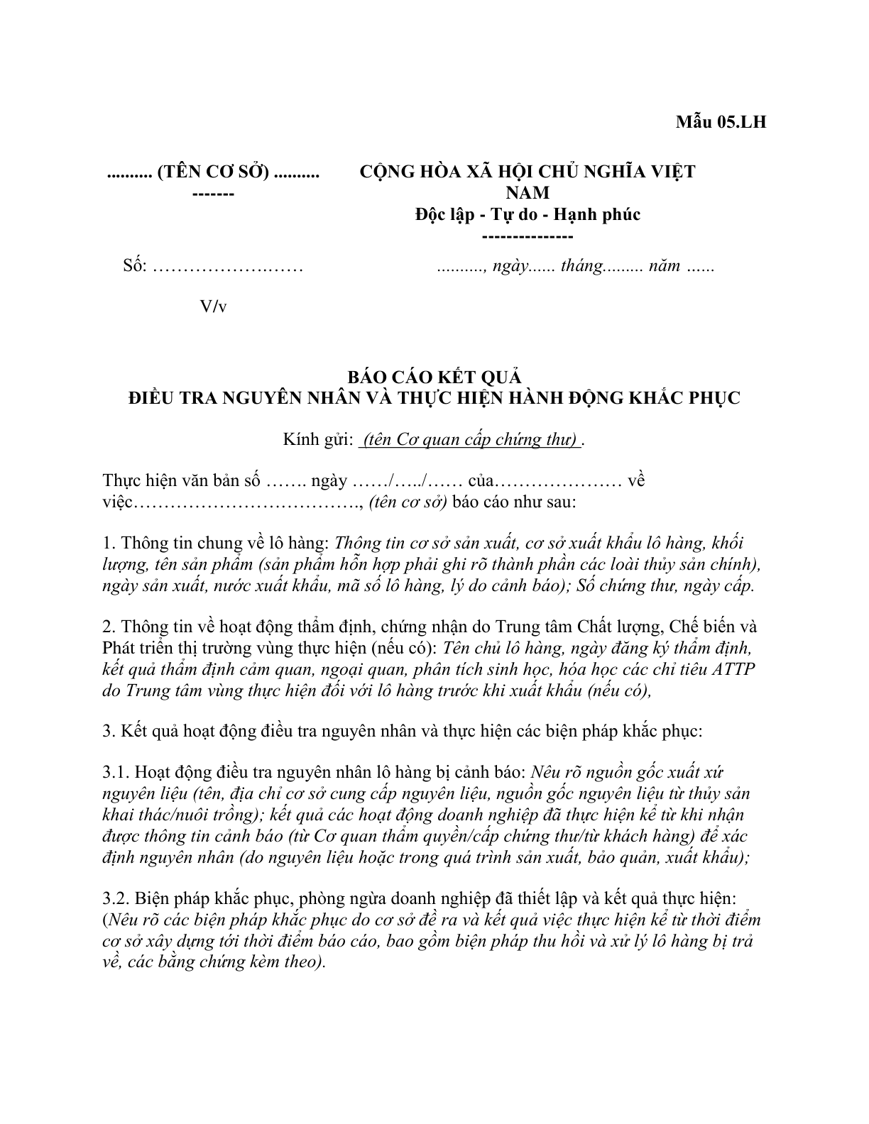 MẪU BÁO CÁO KẾT QUẢ ĐIỀU TRA NGUYÊN NHÂN VÀ THỰC HIỆN HÀNH ĐỘNG KHẮC PHỤC (TRONG THẨM ĐỊNH LÔ HÀNG THỦY SẢN XUẤT KHẨU)