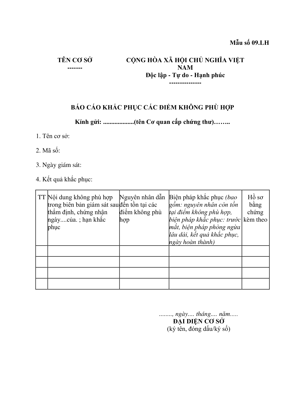 MẪU BÁO CÁO KHẮC PHỤC CÁC ĐIỂM KHÔNG PHÙ HỢP (TRONG BIÊN BẢN GIÁM SÁT SAU THẨM ĐỊNH, CHỨNG NHẬN THỦY SẢN XUẤT KHẨU)