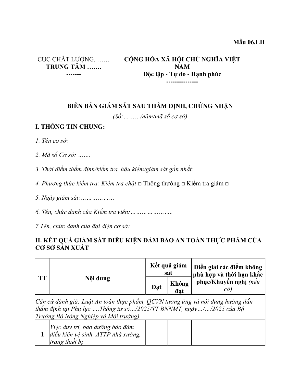 MẪU BIÊN BẢN GIÁM SÁT SAU THẨM ĐỊNH, CHỨNG NHẬN THỦY SẢN XUẤT KHẨU