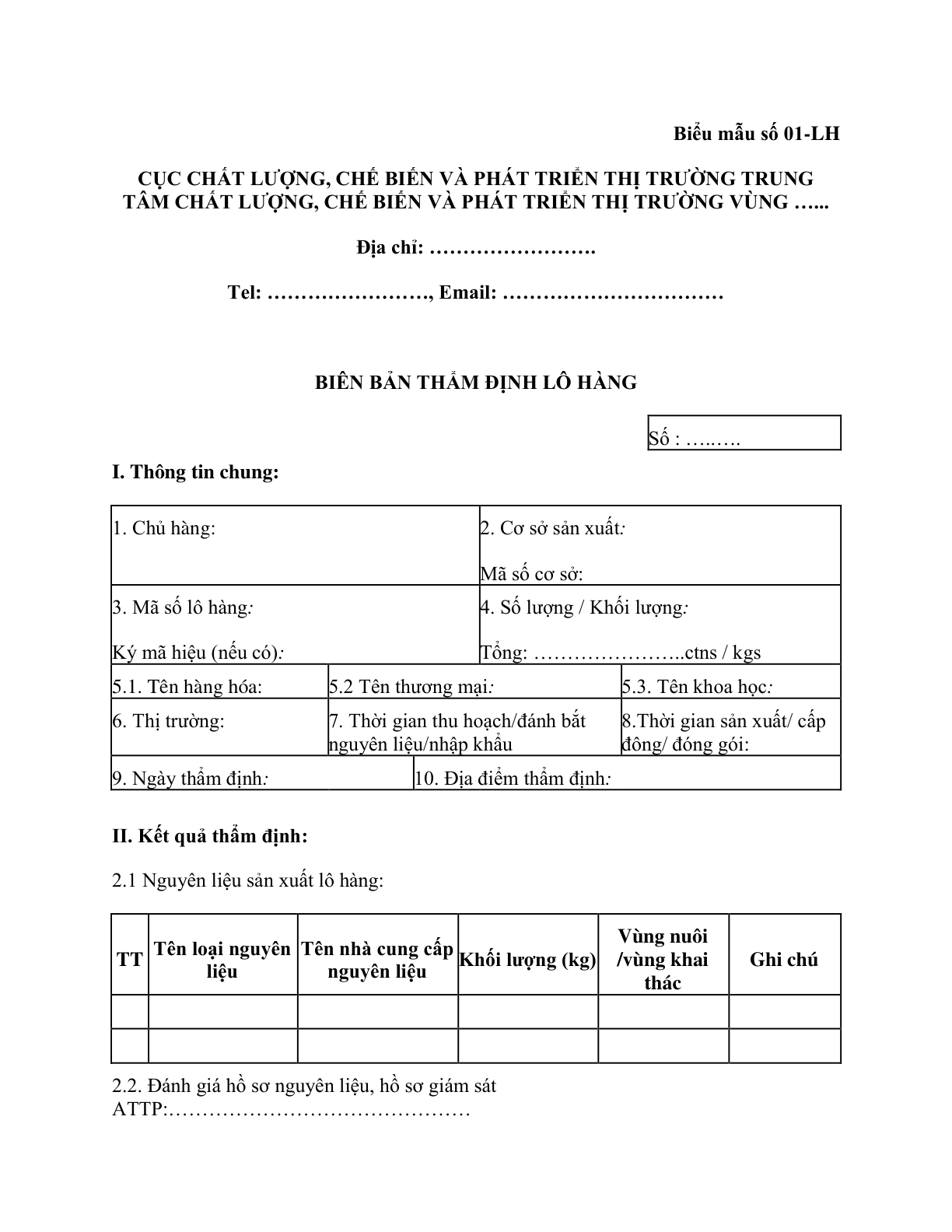 MẪU BIÊN BẢN THẨM ĐỊNH LÔ HÀNG THỦY SẢN XUẤT KHẨU