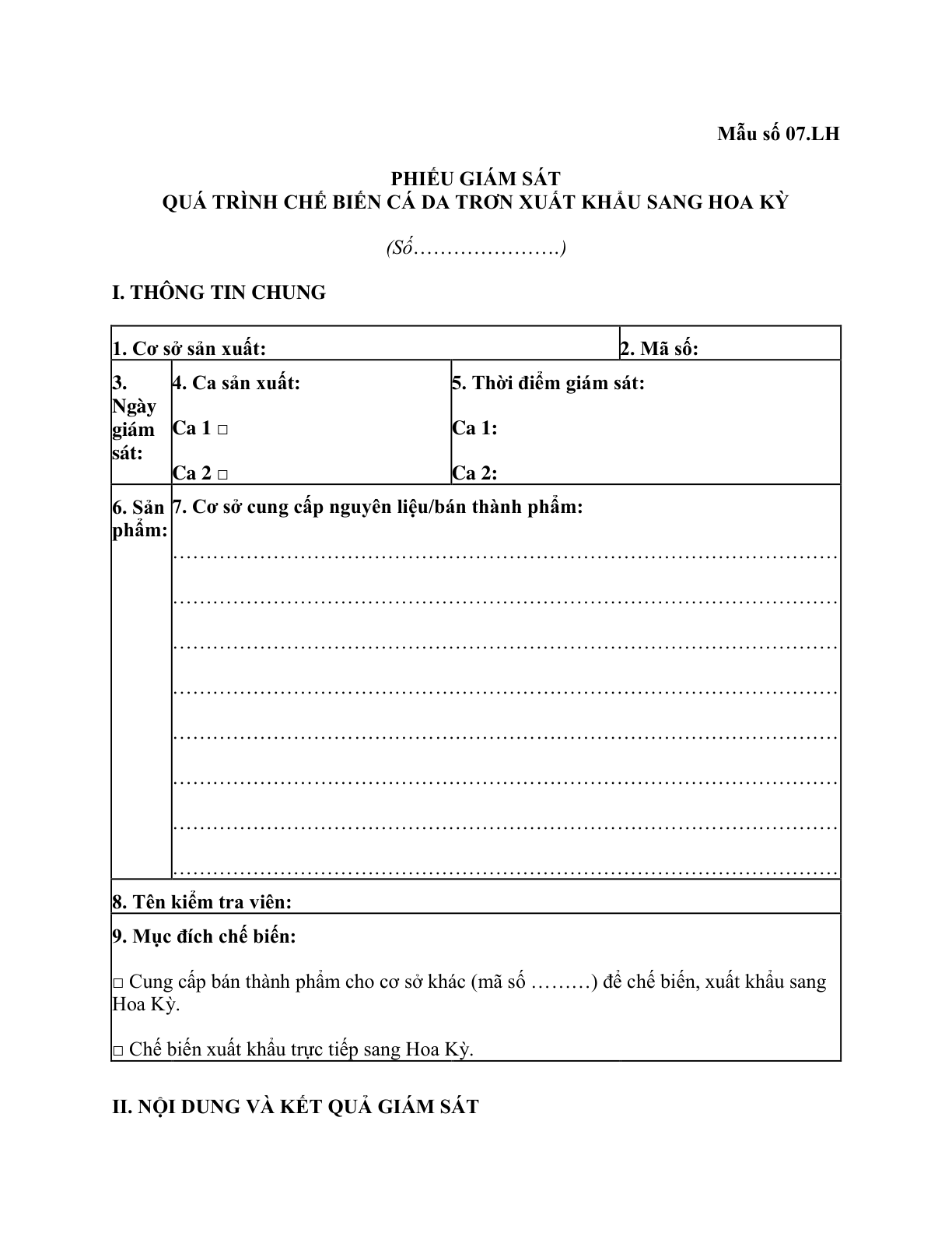 MẪU PHIẾU GIÁM SÁT QUÁ TRÌNH CHẾ BIẾN CÁ DA TRƠN XUẤT KHẨU SANG HOA KỲ