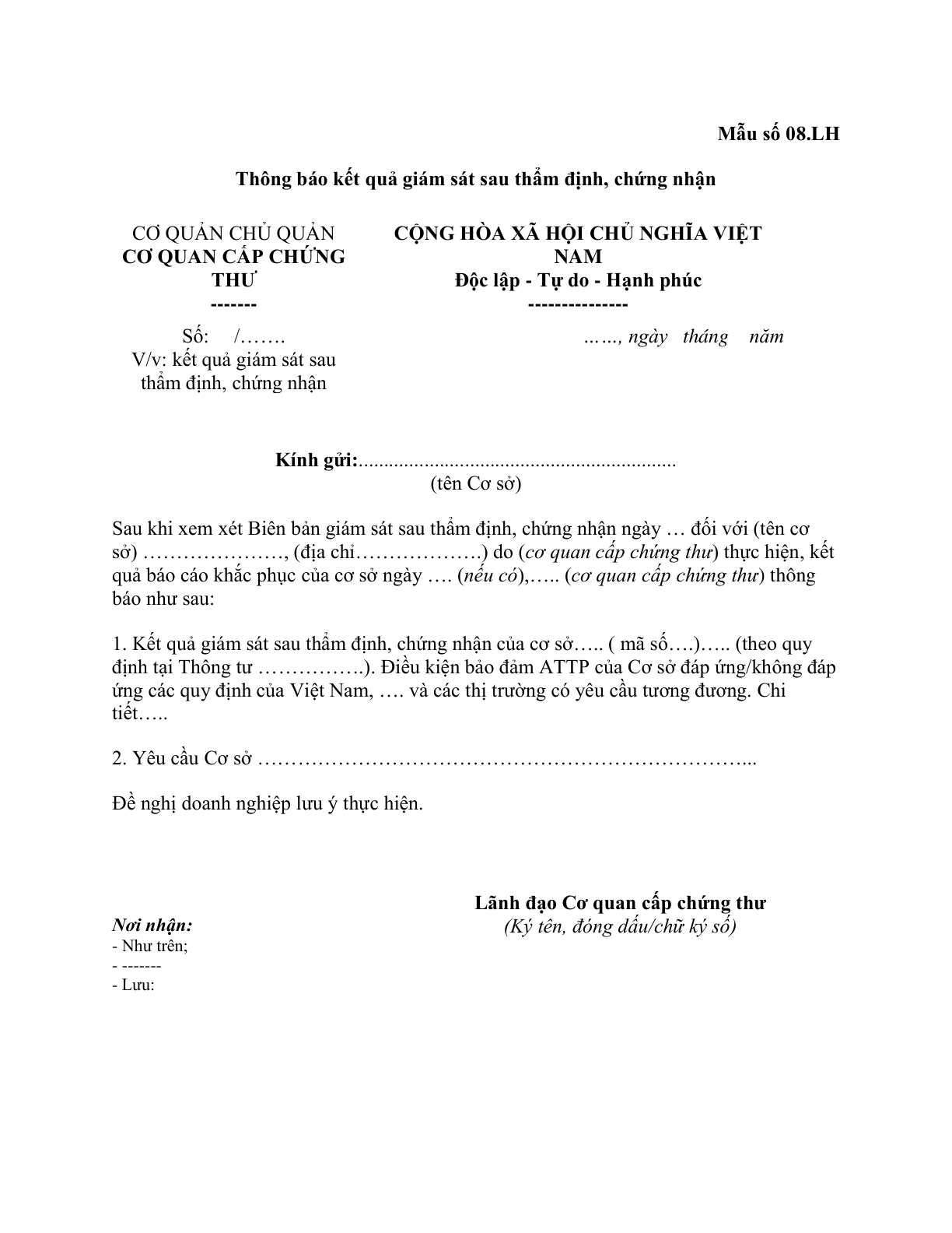 MẪU THÔNG BÁO KẾT QUẢ GIÁM SÁT SAU THẨM ĐỊNH, CHỨNG NHẬN THỦY SẢN XUẤT KHẨU