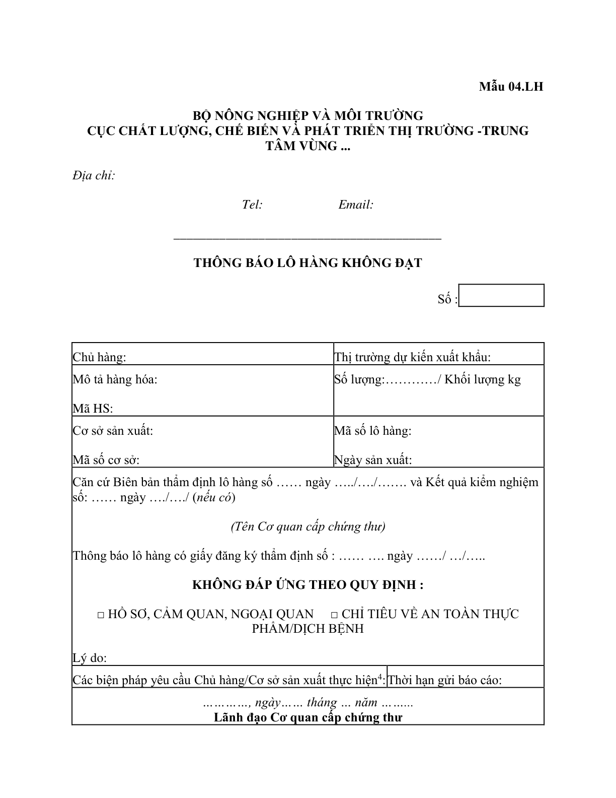 MẪU THÔNG BÁO LÔ HÀNG THỦY SẢN XUẤT KHẨU KHÔNG ĐẠT