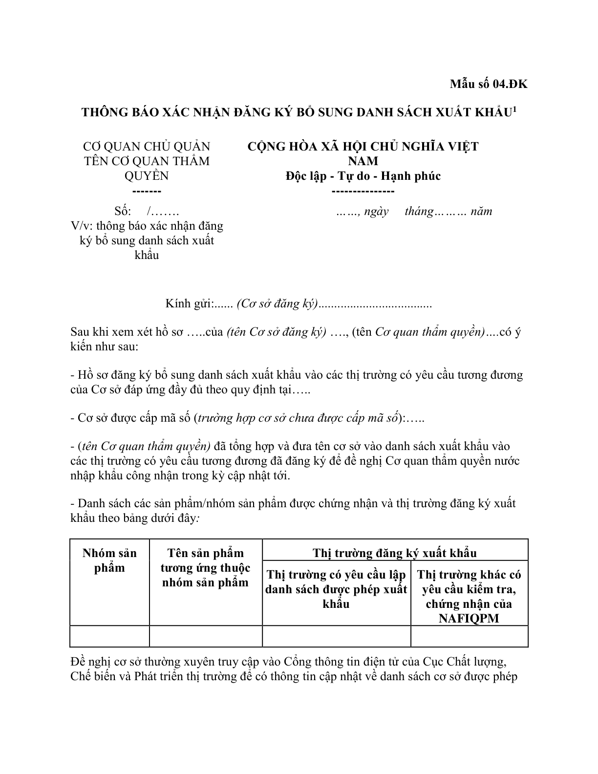 MẪU THÔNG BÁO XÁC NHẬN ĐĂNG KÝ BỔ SUNG DANH SÁCH XUẤT KHẨU THỦY SẢN