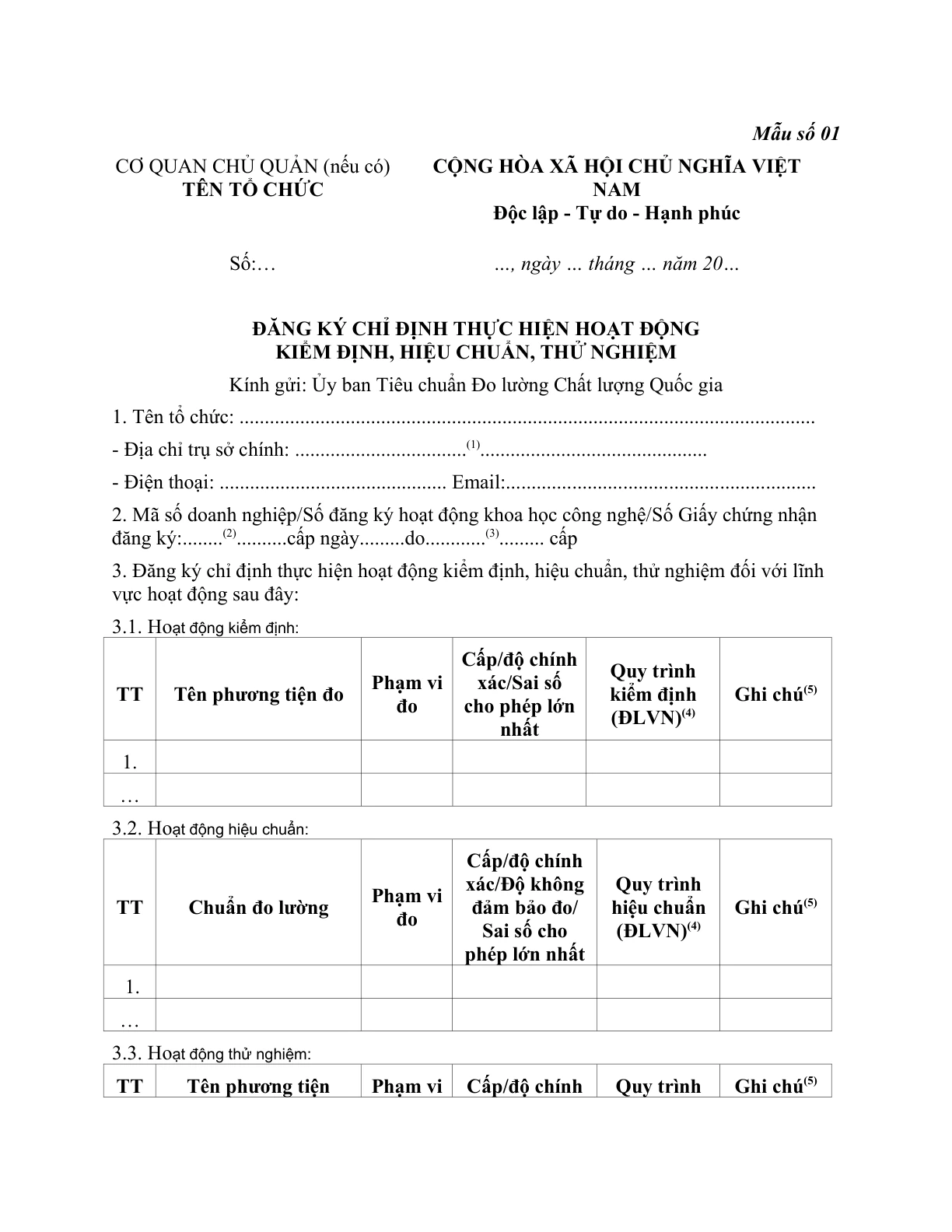 MẪU ĐĂNG KÝ CHỈ ĐỊNH THỰC HIỆN HOẠT ĐỘNG KIỂM ĐỊNH, HIỆU CHUẨN, THỬ NGHIỆM PHƯƠNG TIỆN ĐO, CHUẨN ĐO LƯỜNG