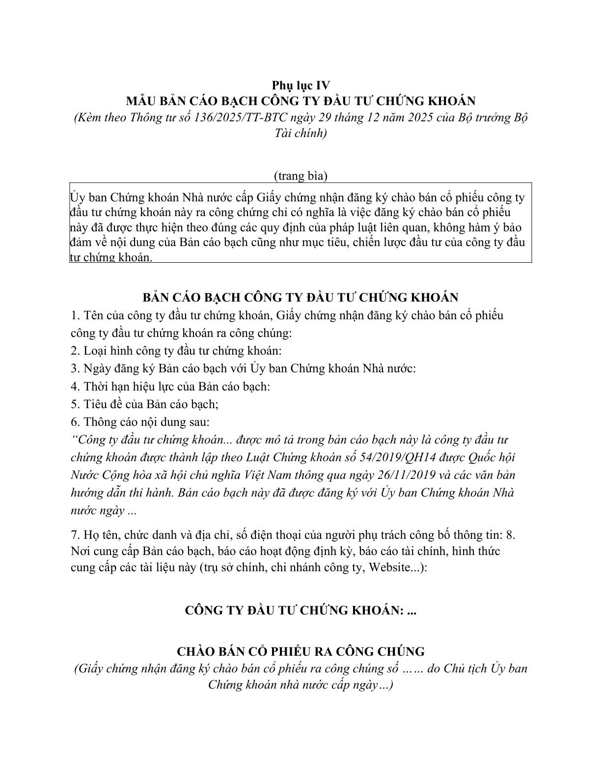 MẪU BẢN CÁO BẠCH CÔNG TY ĐẦU TƯ CHỨNG KHOÁN