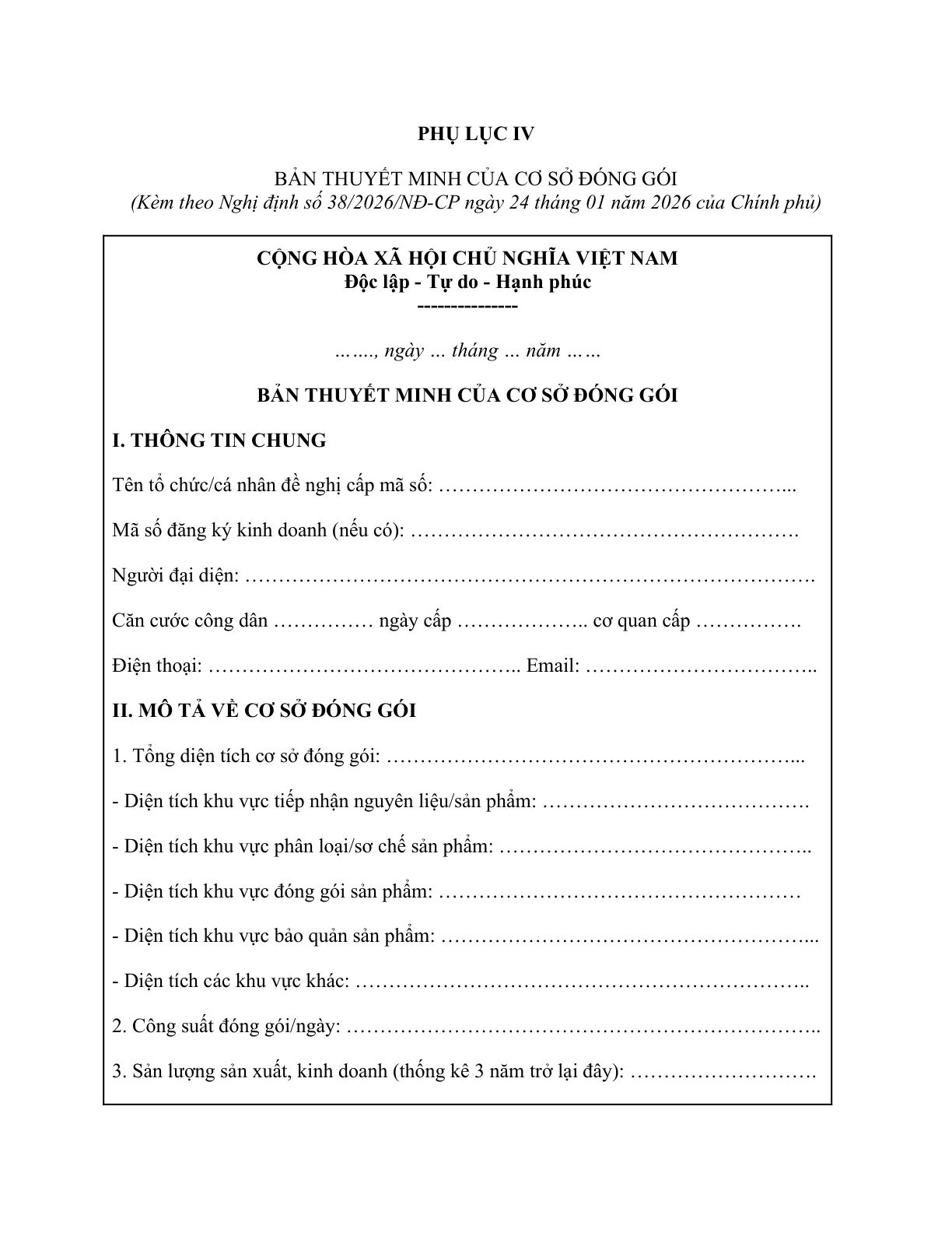 MẪU BẢN THUYẾT MINH CỦA CƠ SỞ ĐÓNG GÓI