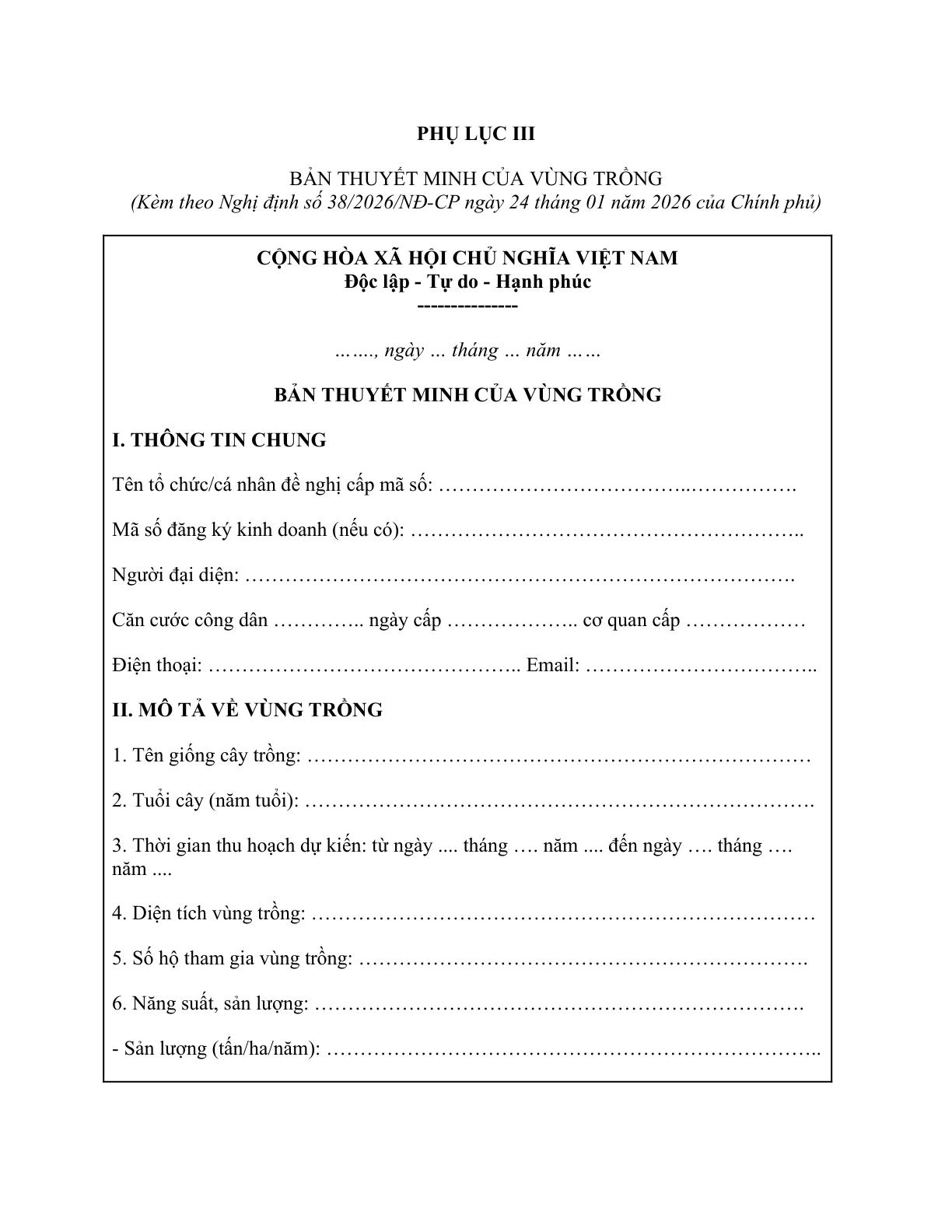 MẪU BẢN THUYẾT MINH CỦA VÙNG TRỒNG