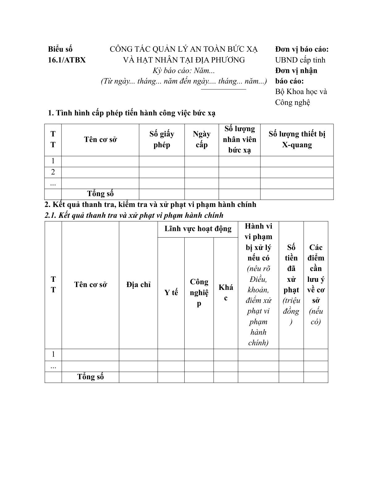 MẪU BÁO CÁO CÔNG TÁC QUẢN LÝ AN TOÀN BỨC XẠ VÀ HẠT NHÂN TẠI ĐỊA PHƯƠNG