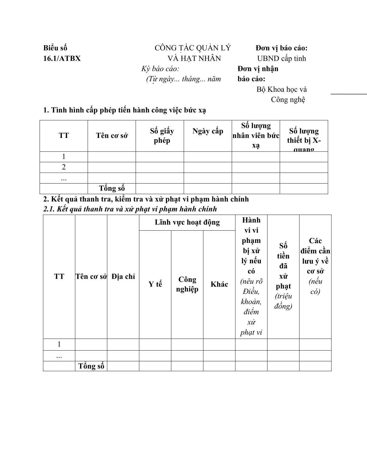 MẪU BÁO CÁO CÔNG TÁC QUẢN LÝ AN TOÀN BỨC XẠ VÀ HẠT NHÂN TOÀN QUỐC