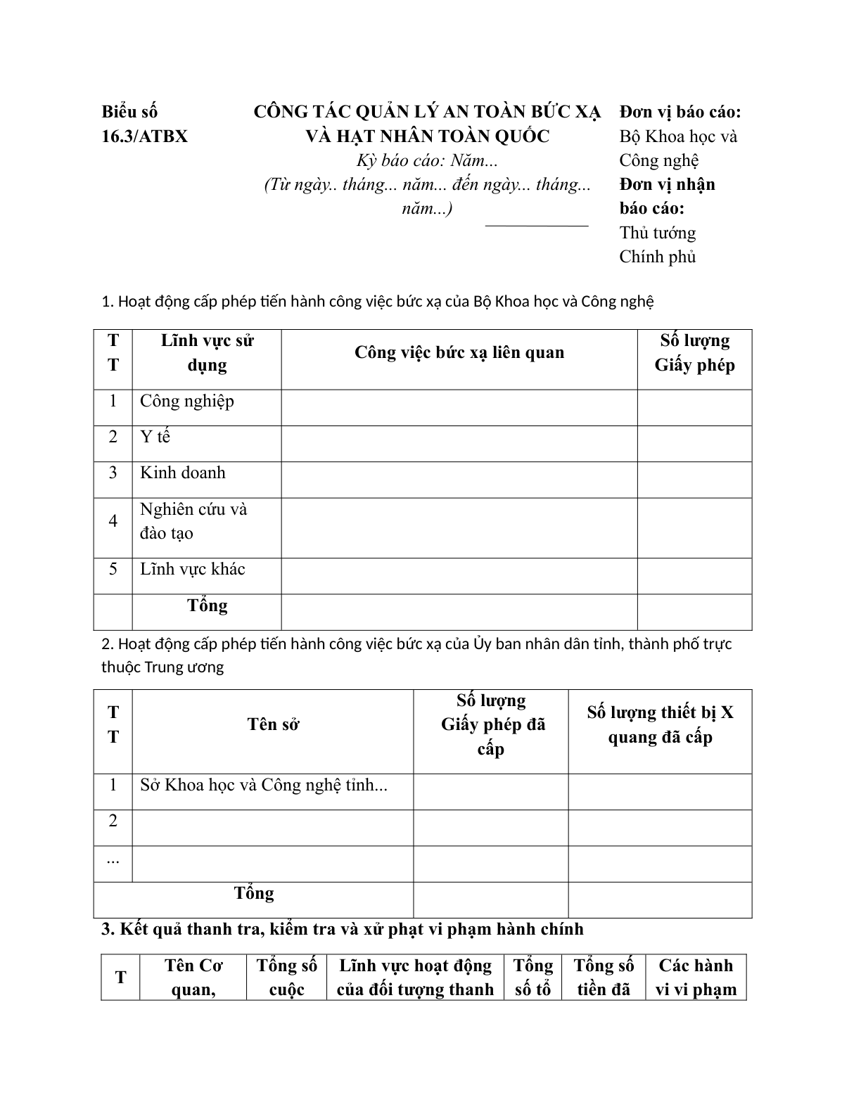 MẪU BÁO CÁO CÔNG TÁC QUẢN LÝ AN TOÀN BỨC XẠ VÀ HẠT NHÂN TOÀN QUỐC