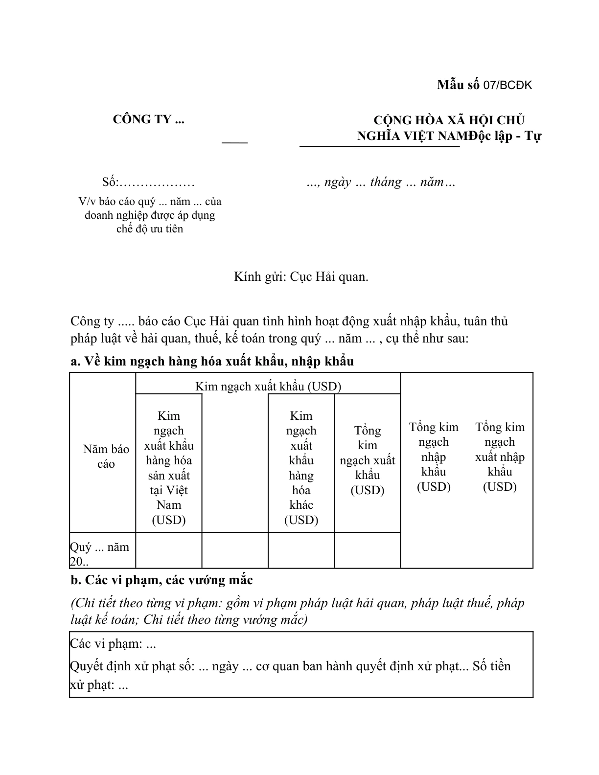 MẪU BÁO CÁO CỦA DOANH NGHIỆP ĐƯỢC ÁP DỤNG CHẾ ĐỘ ƯU TIÊN NGÀNH HẢI QUAN