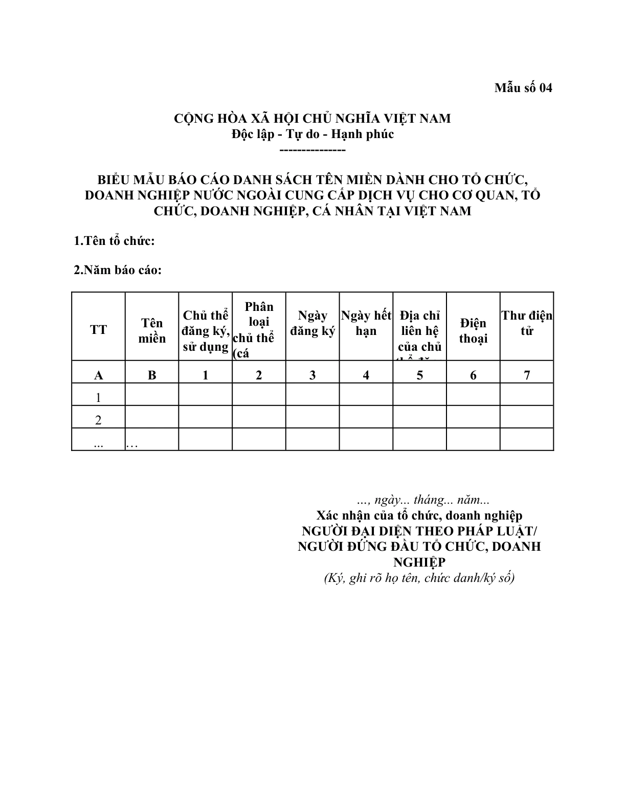 MẪU BÁO CÁO DANH SÁCH TÊN MIỀN DÀNH CHO TỔ CHỨC,  DOANH NGHIỆP NƯỚC NGOÀI CUNG CẤP DỊCH VỤ CHO CƠ QUAN, TỔ  CHỨC, DOANH NGHIỆP, CÁ NHÂN TẠI VIỆT NAM