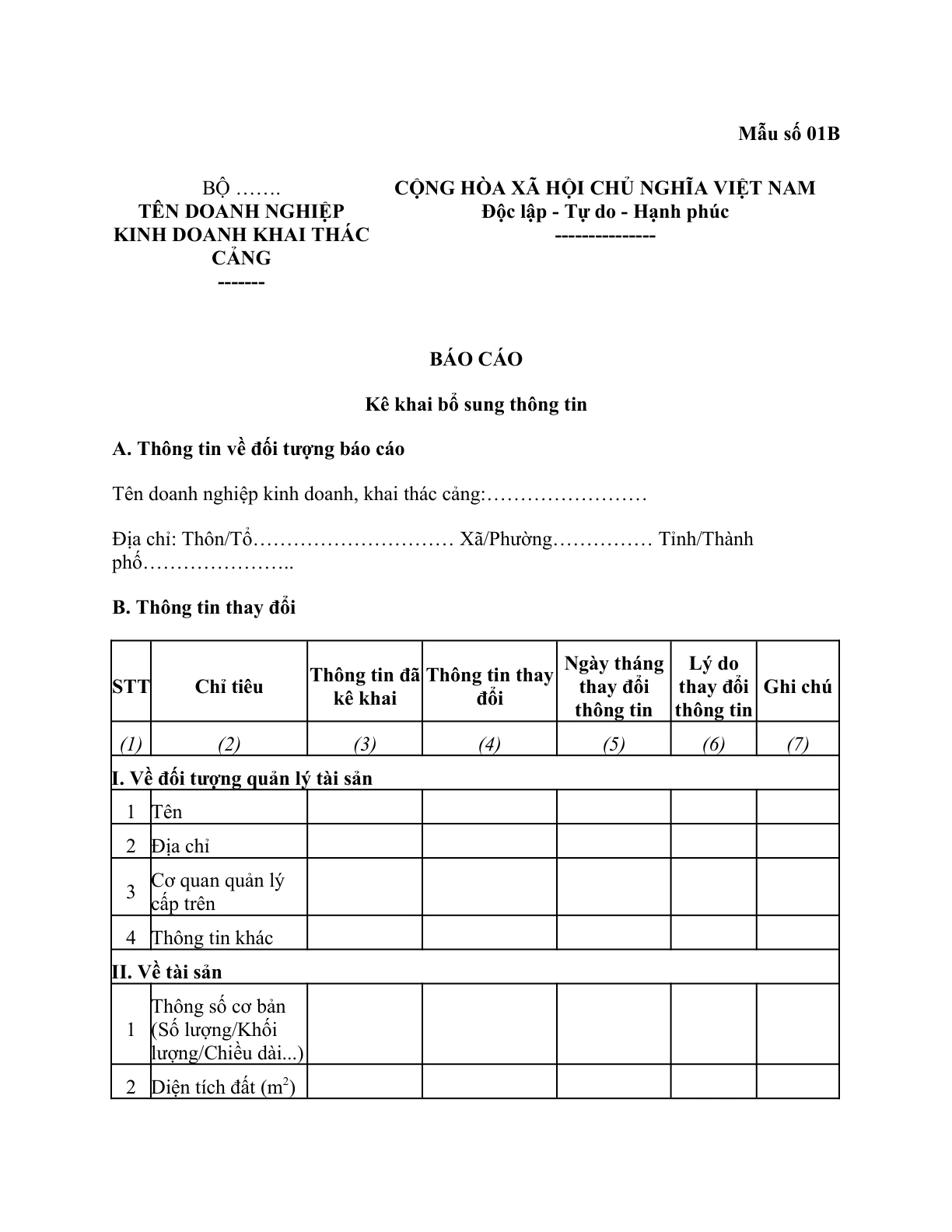MẪU BÁO CÁO KÊ KHAI BỔ SUNG THÔNG TIN TÀI SẢN KẾT CẤU HẠ TẦNG HÀNG KHÔNG