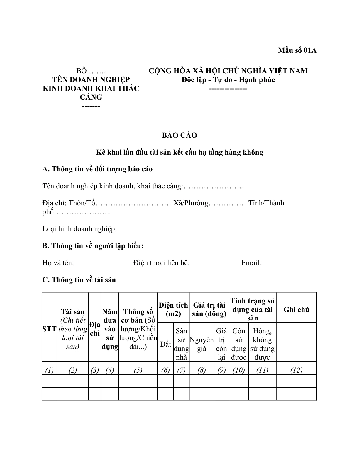 MẪU BÁO CÁO KÊ KHAI LẦN ĐẦU TÀI SẢN KẾT CẤU HẠ TẦNG HÀNG KHÔNG