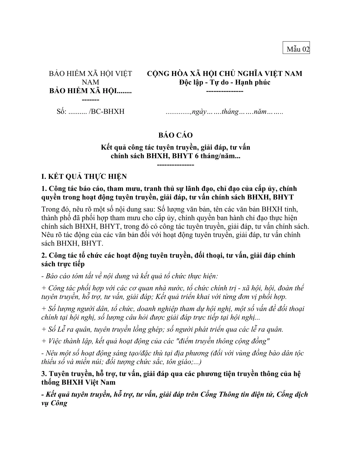 MẪU BÁO CÁO KẾT QUẢ CÔNG TÁC TUYÊN TRUYỀN, GIẢI ĐÁP, TƯ VẤN CHÍNH SÁCH BHXH, BHYT 6 THÁNG