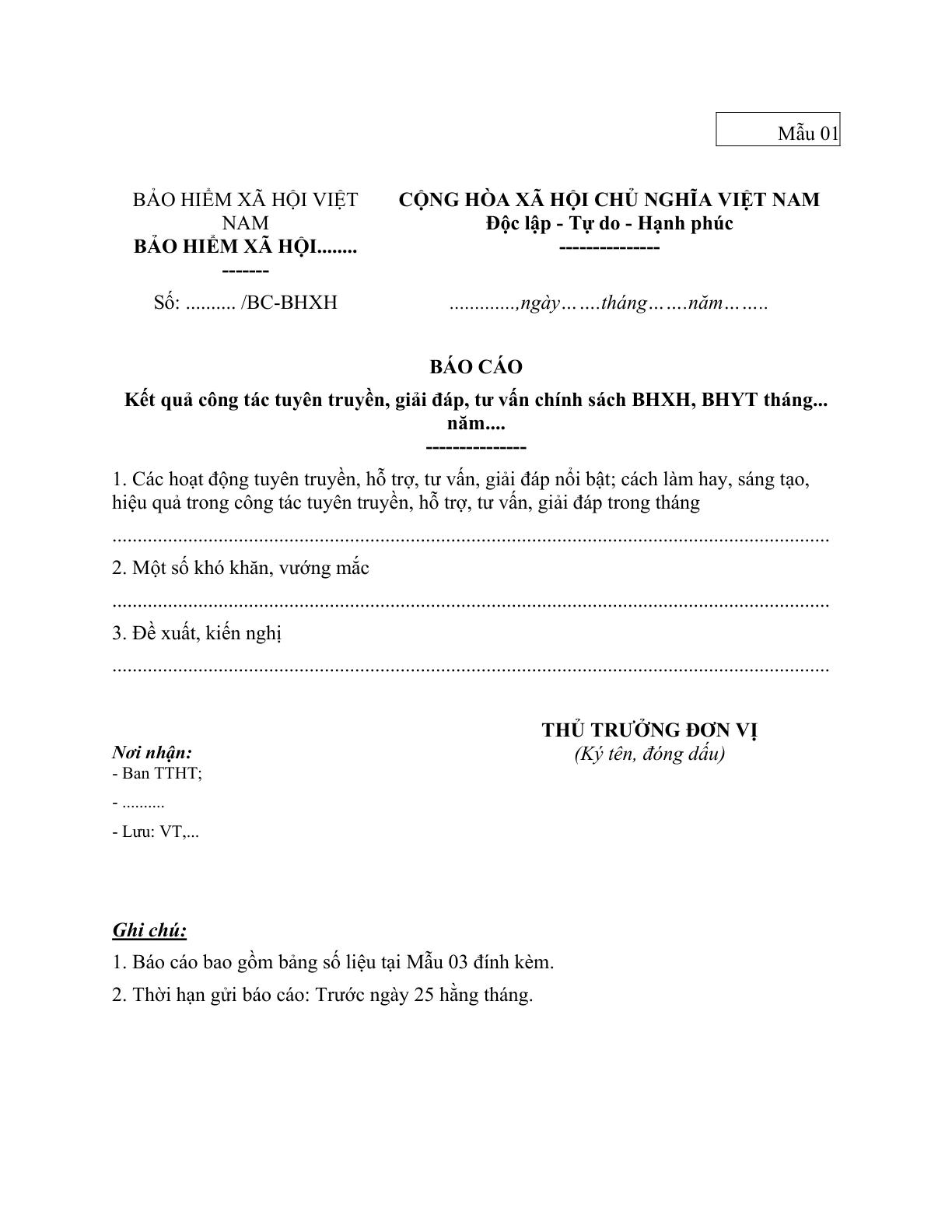 MẪU BÁO CÁO KẾT QUẢ CÔNG TÁC TUYÊN TRUYỀN, GIẢI ĐÁP, TƯ VẤN CHÍNH SÁCH BHXH, BHYT HẰNG THÁNG