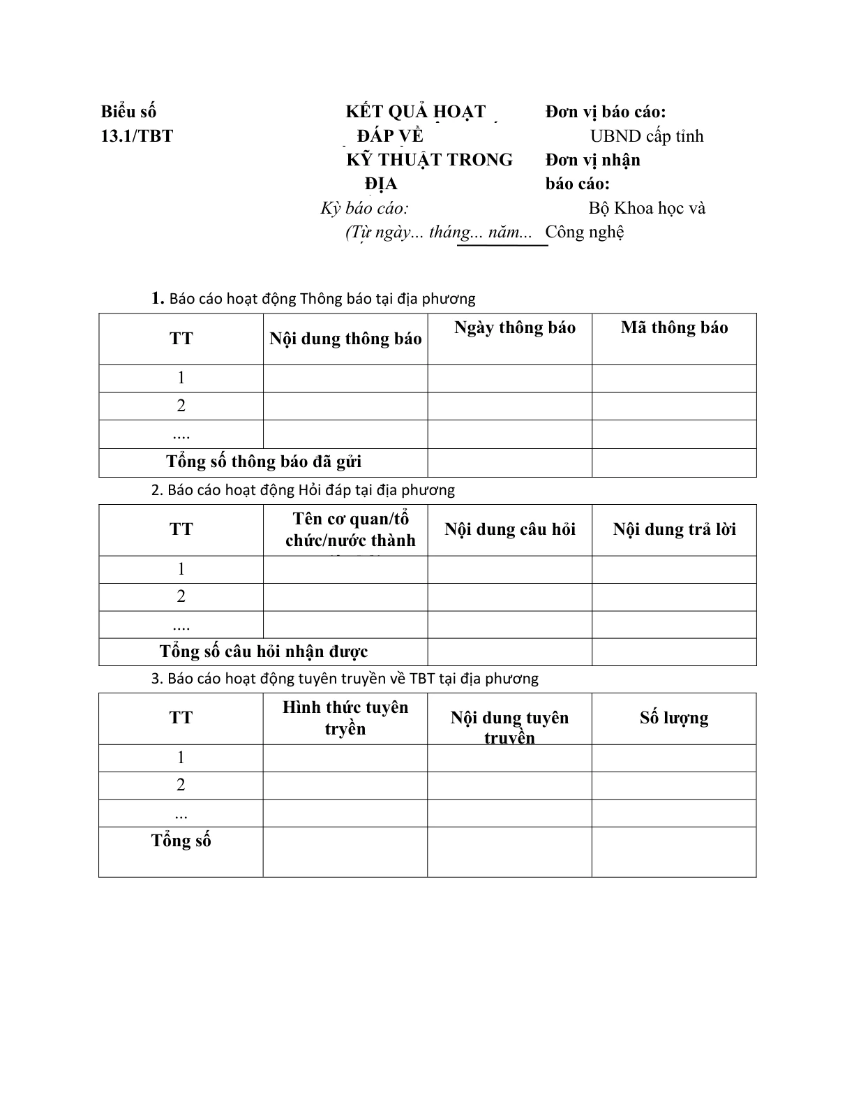 MẪU BÁO CÁO KẾT QUẢ HOẠT ĐỘNG THÔNG BÁO VÀ HỎI ĐÁP VỀ HÀNG RÀO KỸ THUẬT TRONG THƯƠNG MẠI (TBT) TẠI BỘ, NGÀNH