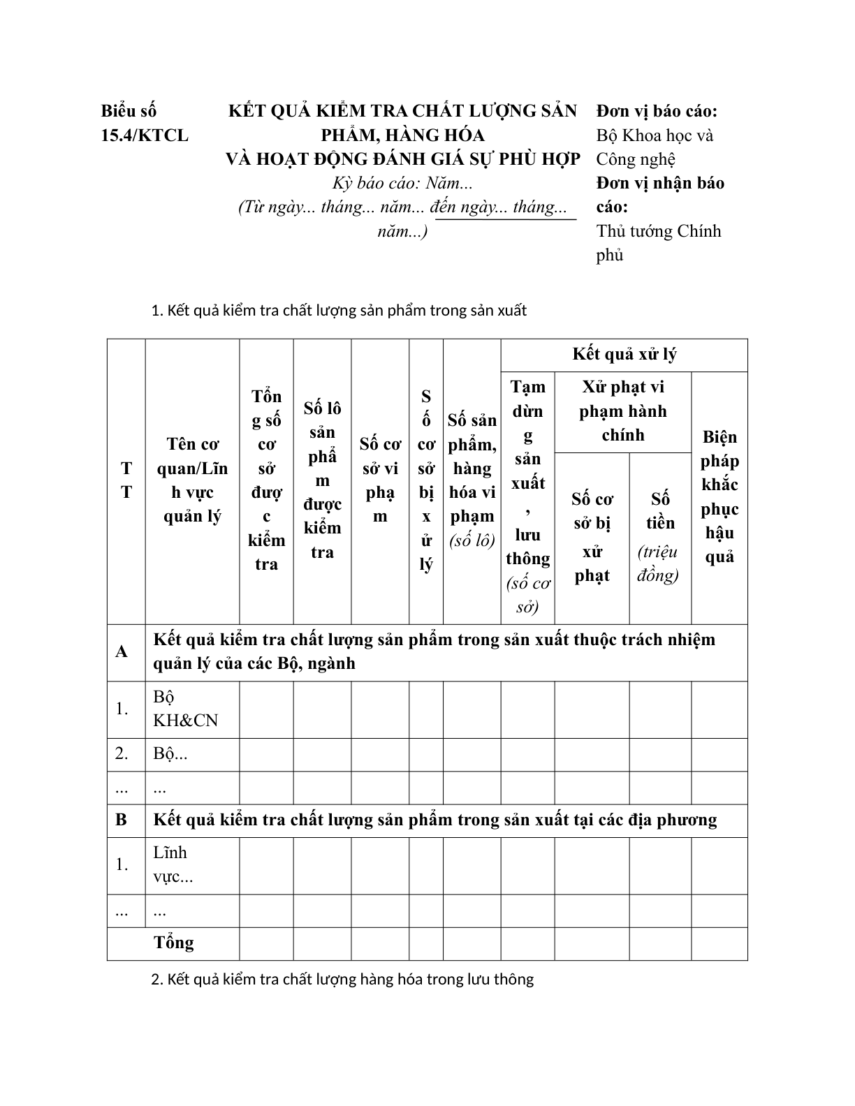 MẪU BÁO CÁO KẾT QUẢ KIỂM TRA CHẤT LƯỢNG SẢN PHẨM, HÀNG HÓA VÀ HOẠT ĐỘNG ĐÁNH GIÁ SỰ PHÙ HỢP