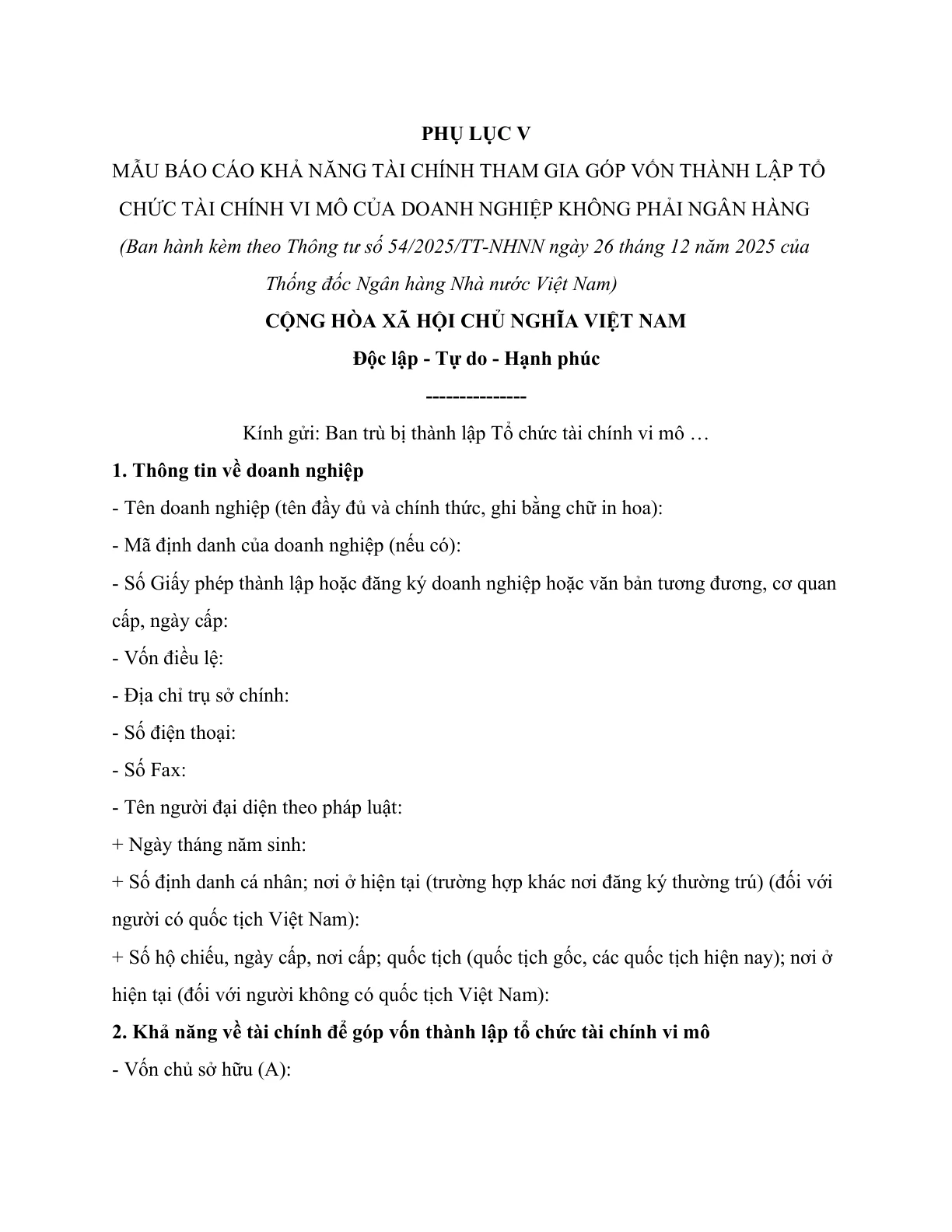 MẪU BÁO CÁO KHẢ NĂNG TÀI CHÍNH THAM GIA GÓP VỐN THÀNH LẬP TỔ CHỨC TÀI CHÍNH VI MÔ CỦA DOANH NGHIỆP KHÔNG PHẢI NGÂN HÀNG