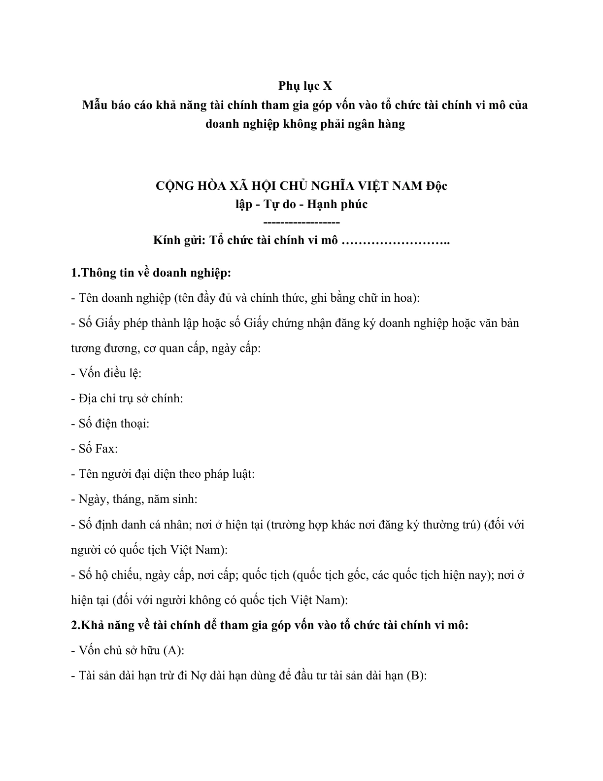 MẪU BÁO CÁO KHẢ NĂNG TÀI CHÍNH THAM GIA GÓP VỐN VÀO TỔ CHỨC TÀI CHÍNH VI MÔ CỦA DOANH NGHIỆP KHÔNG PHẢI NGÂN HÀNG