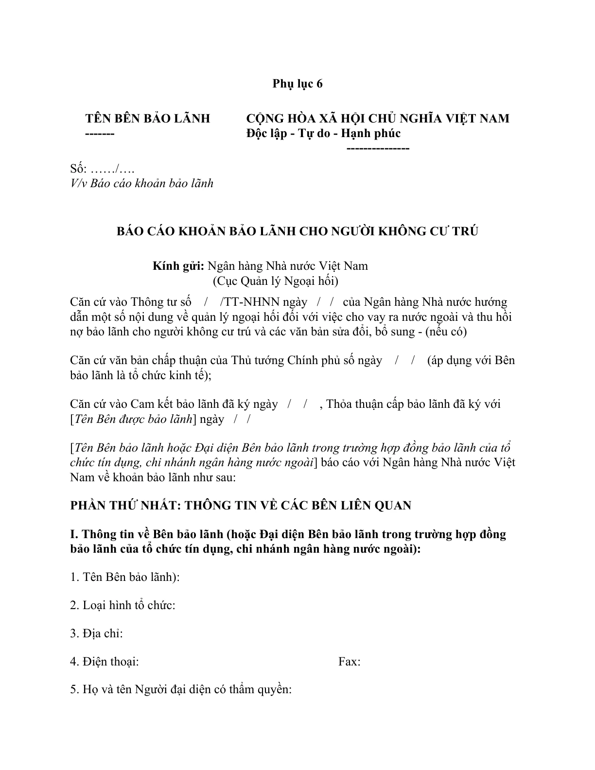 MẪU BÁO CÁO KHOẢN BẢO LÃNH CHO NGƯỜI KHÔNG CƯ TRÚ