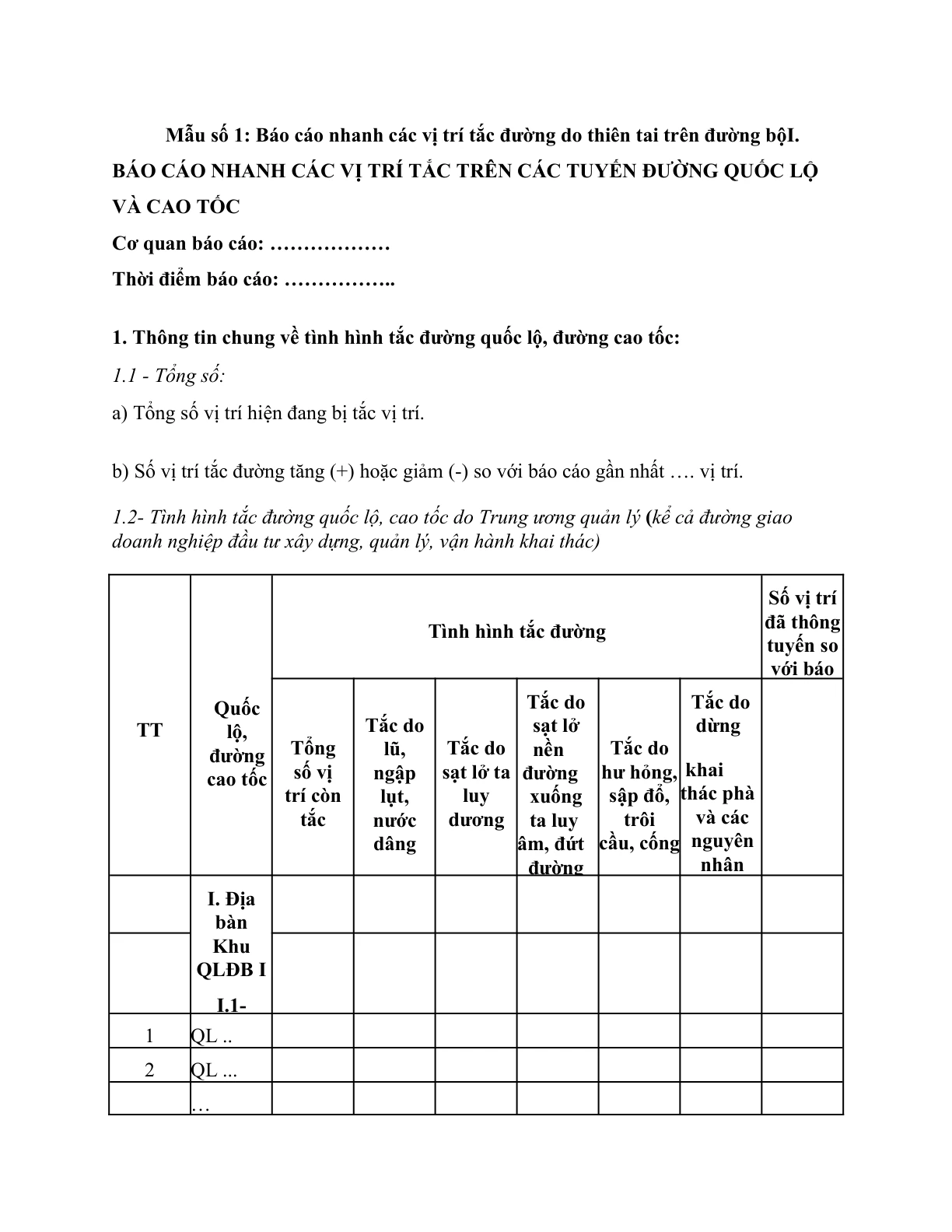 MẪU BÁO CÁO NHANH CÁC VỊ TRÍ TẮC ĐƯỜNG DO THIÊN TAI TRÊN ĐƯỜNG BỘ