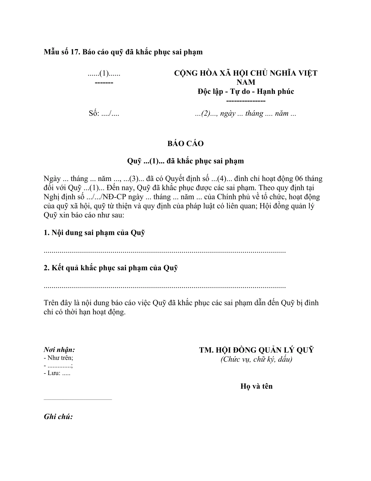 MẪU BÁO CÁO QUỸ ĐÃ KHẮC PHỤC SAI PHẠM (ĐỐI VỚI QUỸ XÃ HỘI, QUỸ TỪ THIỆN)