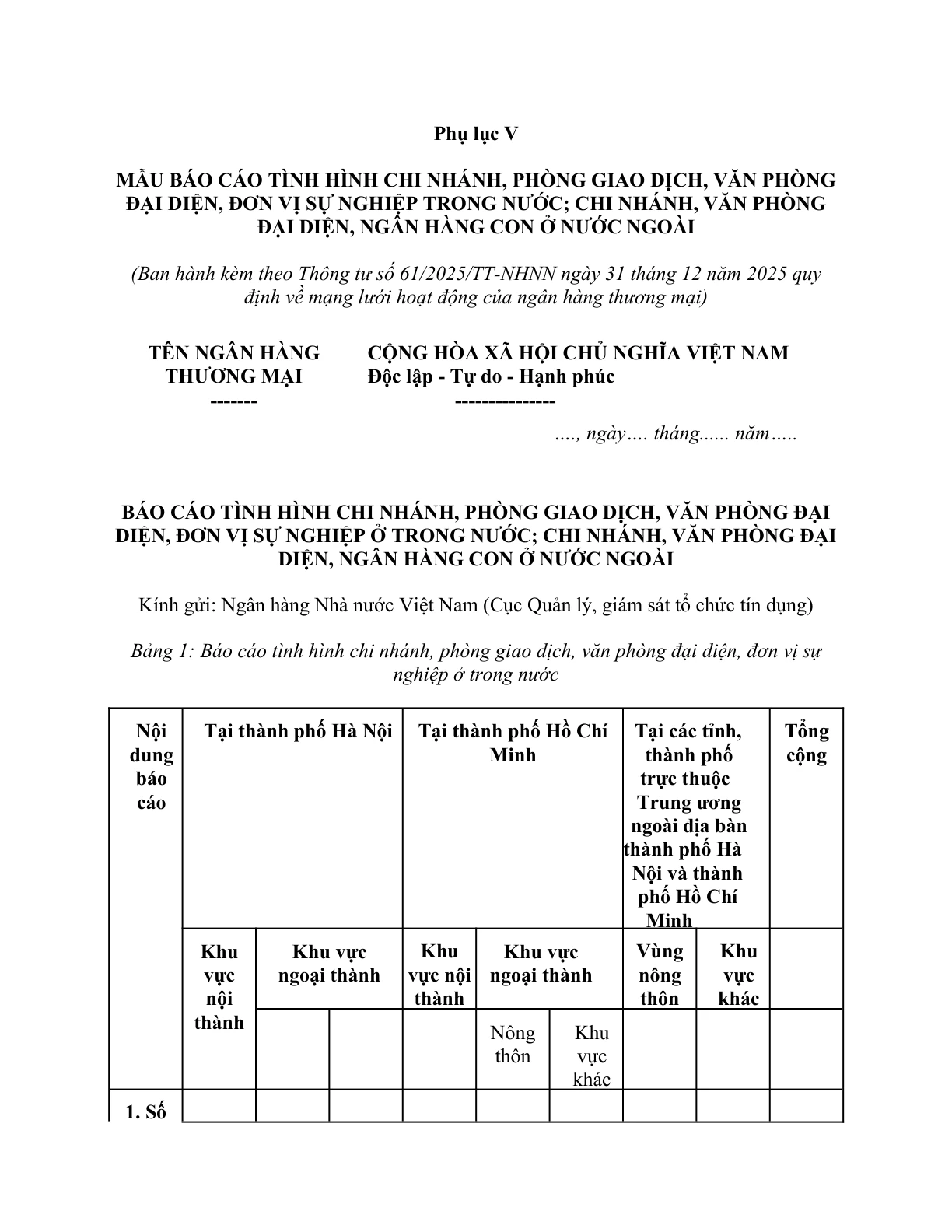 MẪU BÁO CÁO TÌNH HÌNH CHI NHÁNH, PHÒNG GIAO DỊCH, VĂN PHÒNG ĐẠI DIỆN, ĐƠN VỊ SỰ NGHIỆP TRONG NƯỚC; CHI NHÁNH, VĂN PHÒNG ĐẠI DIỆN, NGÂN HÀNG CON Ở NƯỚC NGOÀI