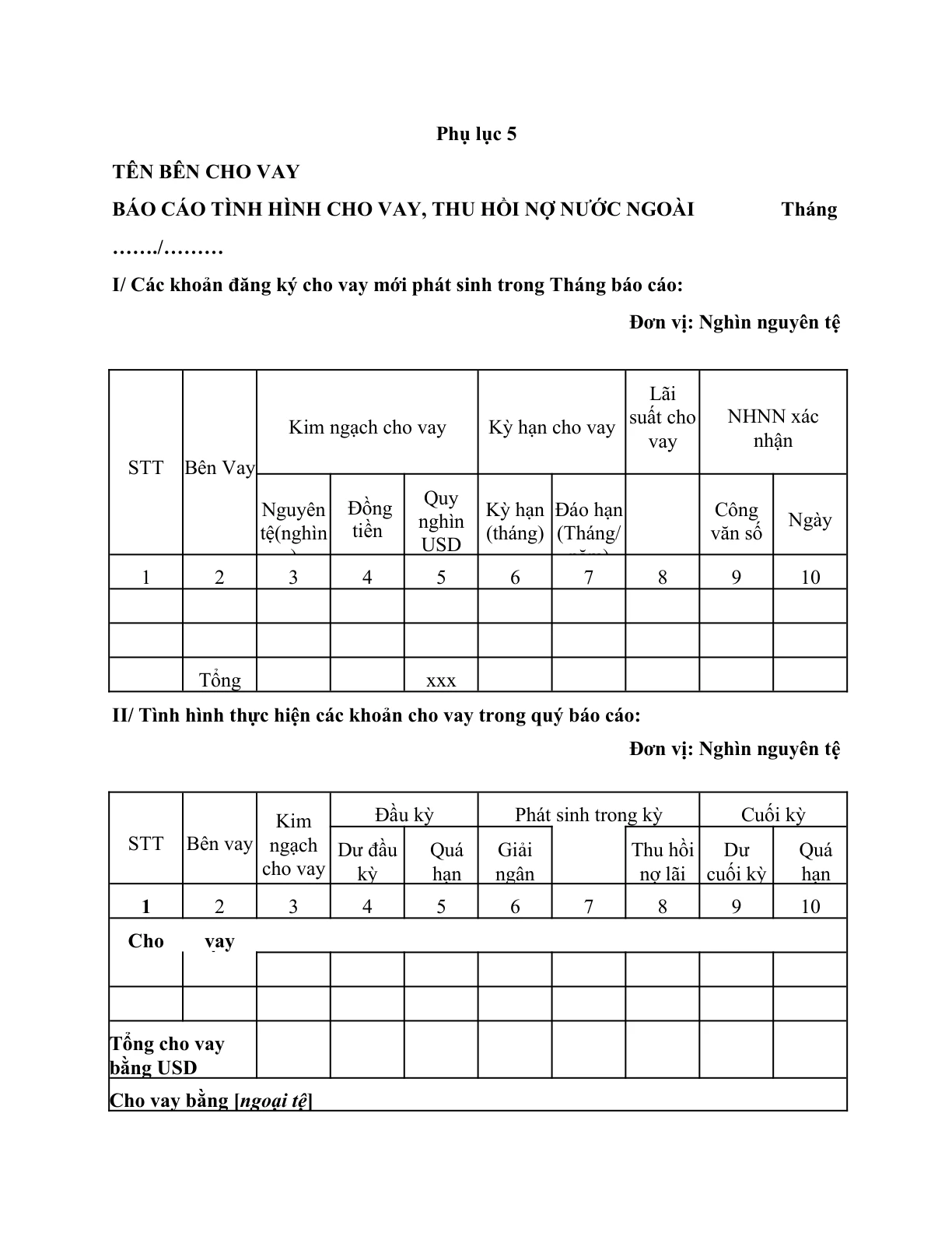 MẪU BÁO CÁO TÌNH HÌNH CHO VAY, THU HỒI NỢ NƯỚC NGOÀI