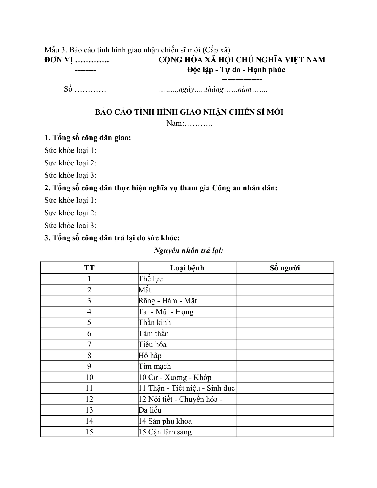 MẪU BÁO CÁO TÌNH HÌNH GIAO NHẬN CHIẾN SĨ MỚI (CẤP XÃ)