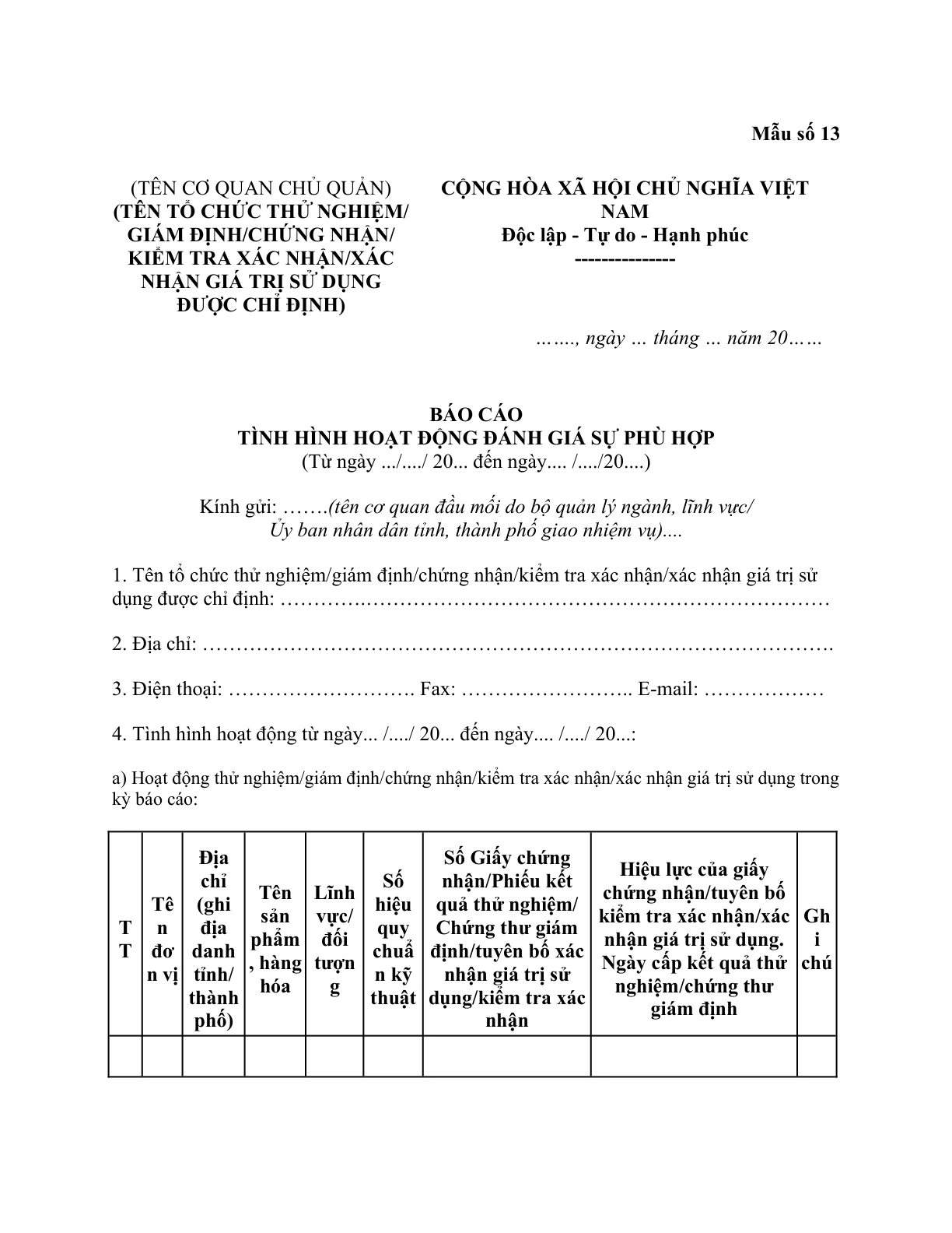 MẪU BÁO CÁO TÌNH HÌNH HOẠT ĐỘNG ĐÁNH GIÁ SỰ PHÙ HỢP