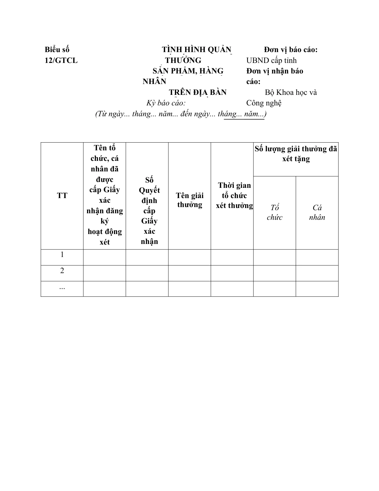 MẪU BÁO CÁO TÌNH HÌNH QUẢN LÝ XÉT TẶNG GIẢI THƯỞNG CHẤT LƯỢNG SẢN PHẨM, HÀNG HÓA CỦA TỔ CHỨC, CÁ NHÂN TRÊN ĐỊA BÀN TỈNH, THÀNH PHỐ