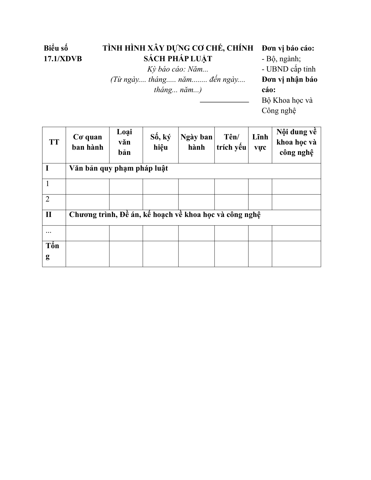 MẪU BÁO CÁO TÌNH HÌNH XÂY DỰNG CƠ CHẾ, CHÍNH SÁCH PHÁP LUẬT CỦA BỘ KHOA HỌC VÀ CÔNG NGHỆ