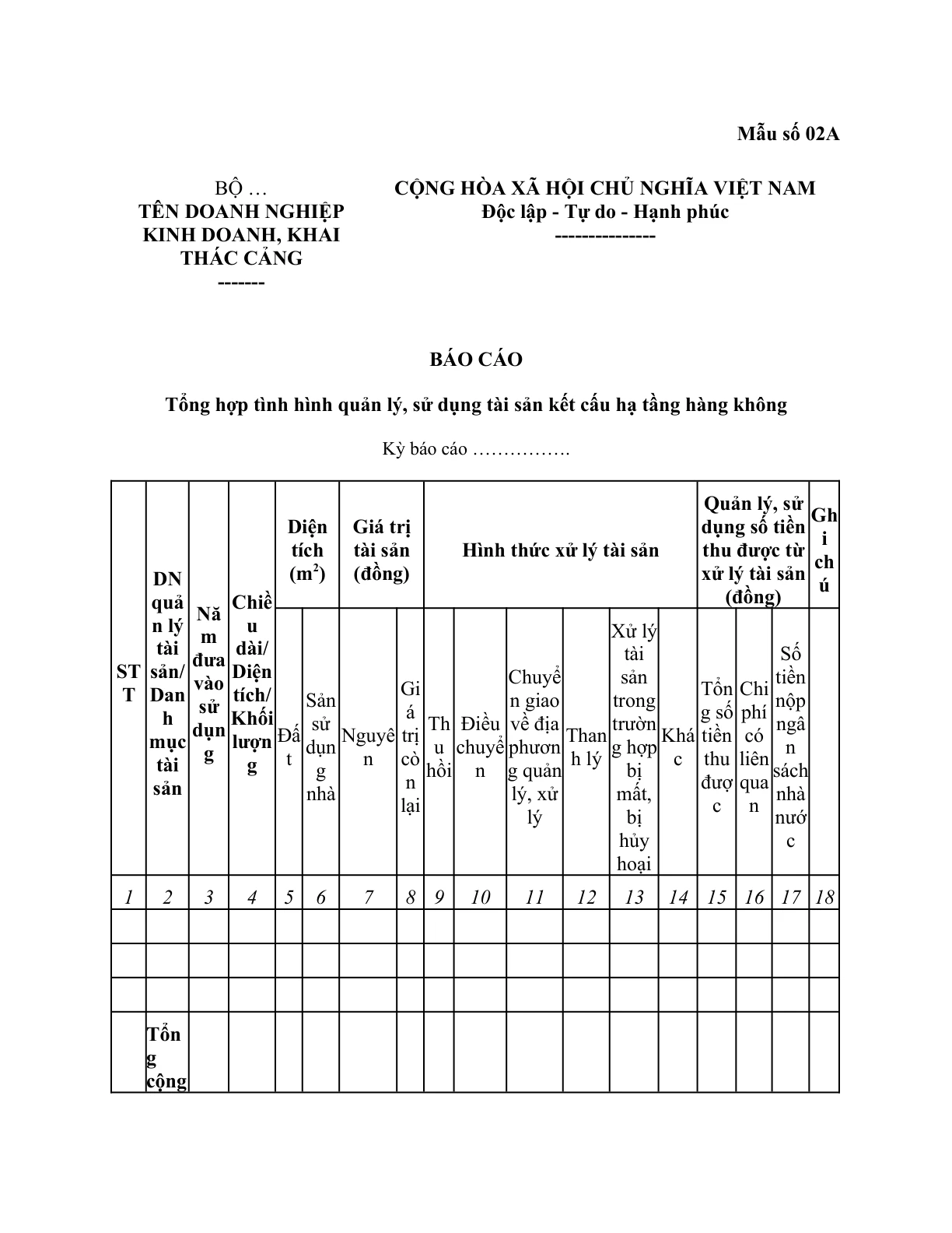 MẪU BÁO CÁO TỔNG HỢP TÌNH HÌNH QUẢN LÝ, SỬ DỤNG TÀI SẢN KẾT CẤU HẠ TẦNG HÀNG KHÔNG