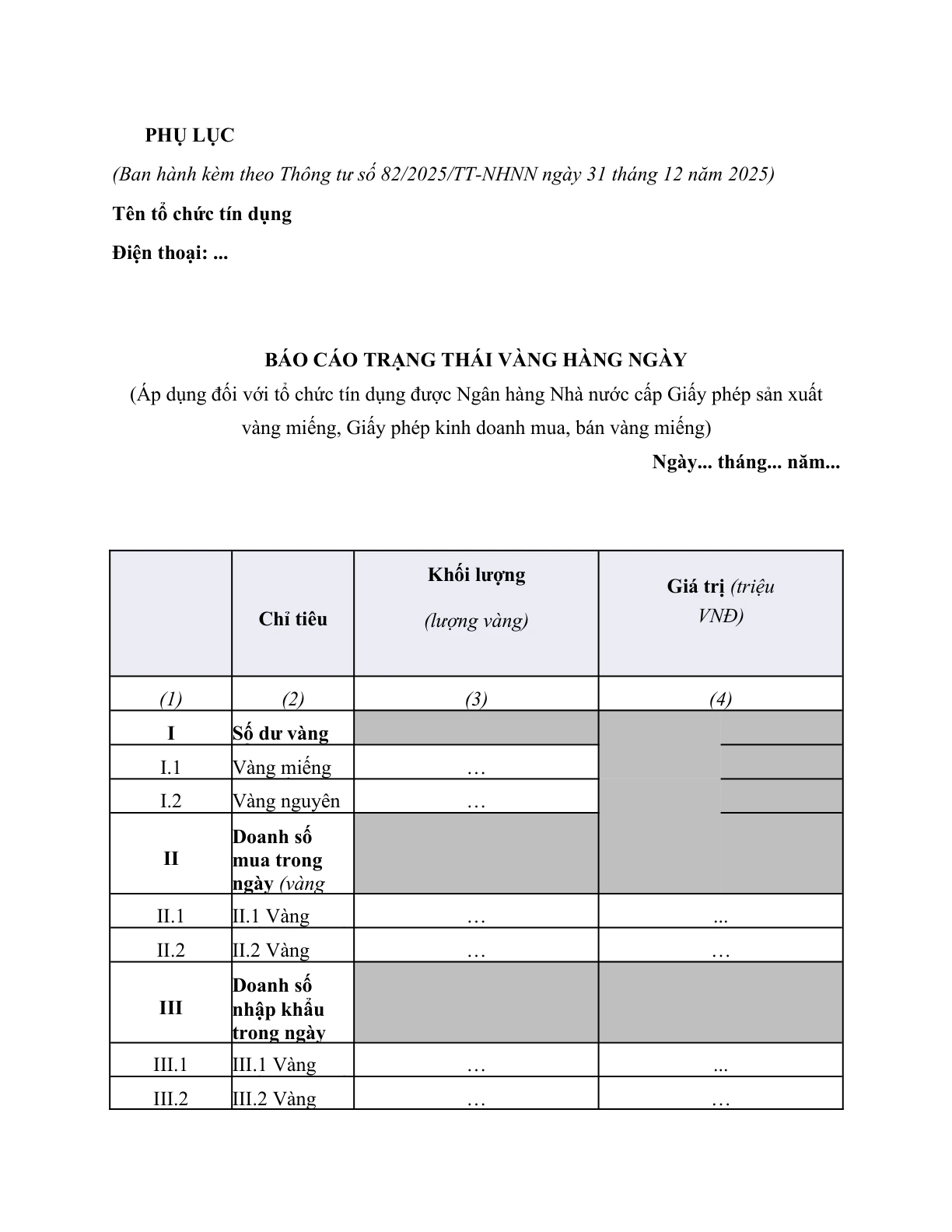 MẪU BÁO CÁO TRẠNG THÁI VÀNG HÀNG NGÀY CỦA CÁC TỔ CHỨC TÍN DỤNG