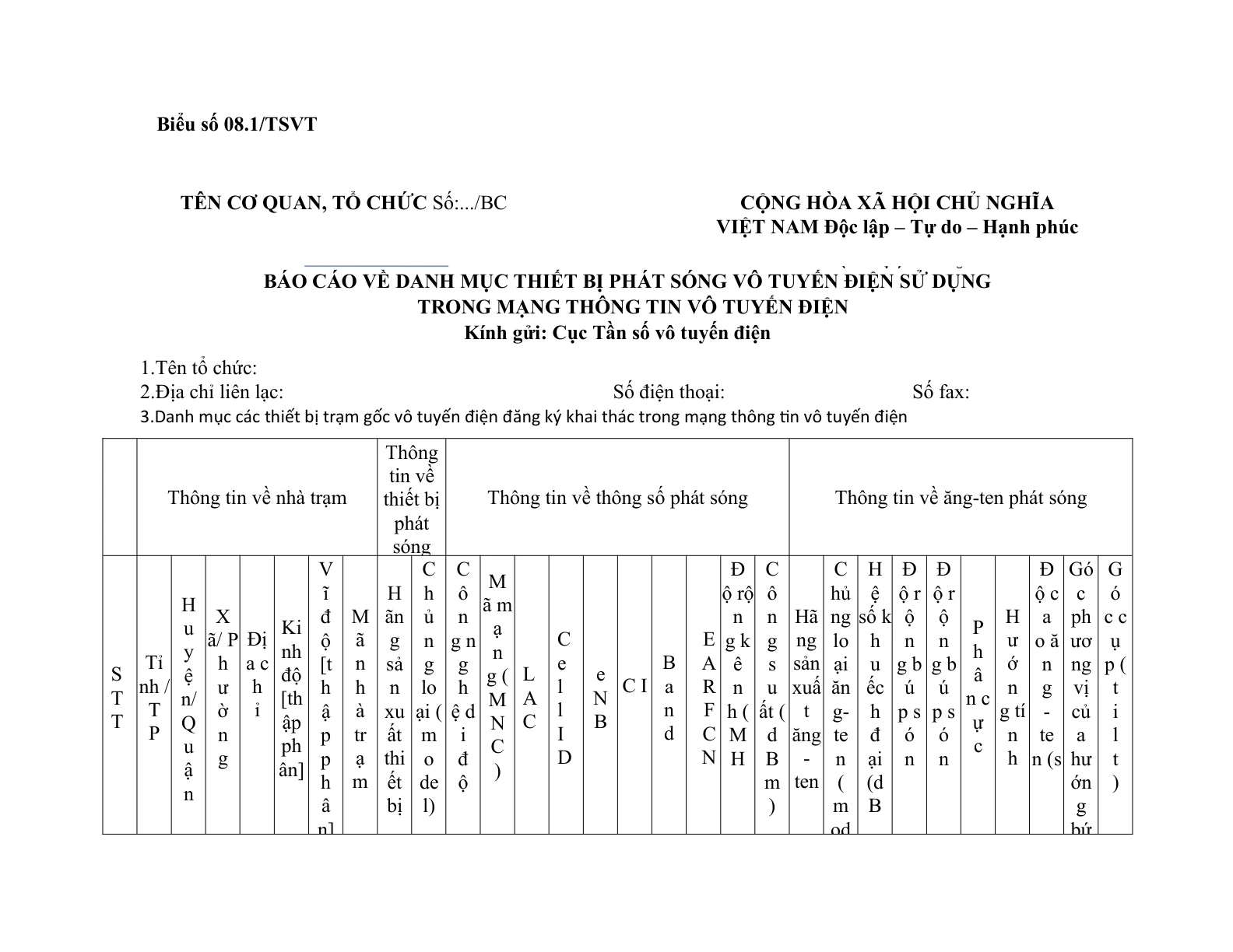 MẪU BÁO CÁO VỀ DANH MỤC THIẾT BỊ PHÁT SÓNG VÔ TUYẾN ĐIỆN SỬ DỤNG  TRONG MẠNG THÔNG TIN VÔ TUYẾN ĐIỆN